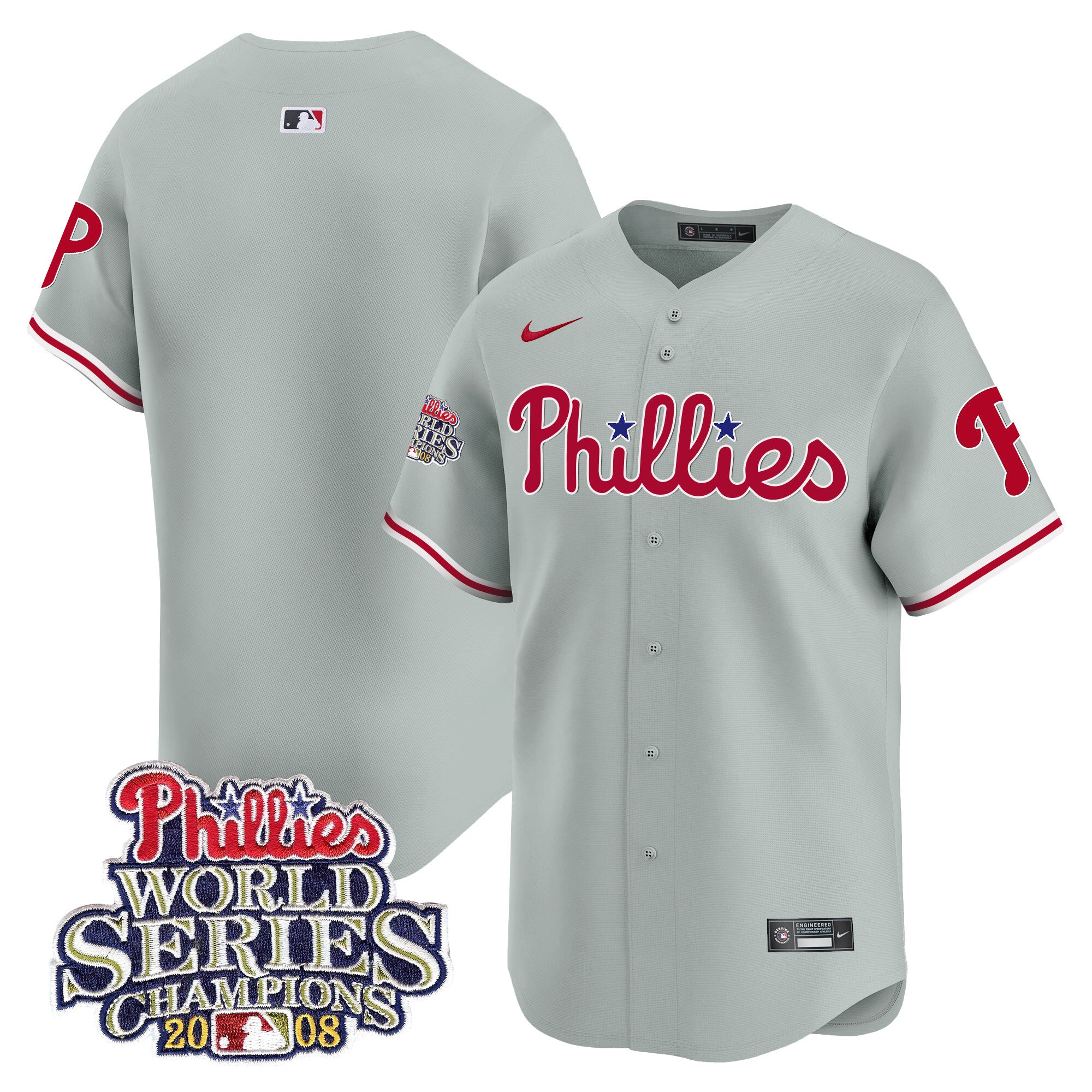 Men's Phillies 2008 World Series Champions Patch Vapor Premier Limited Jersey - All Stitched - Gray Road, Team