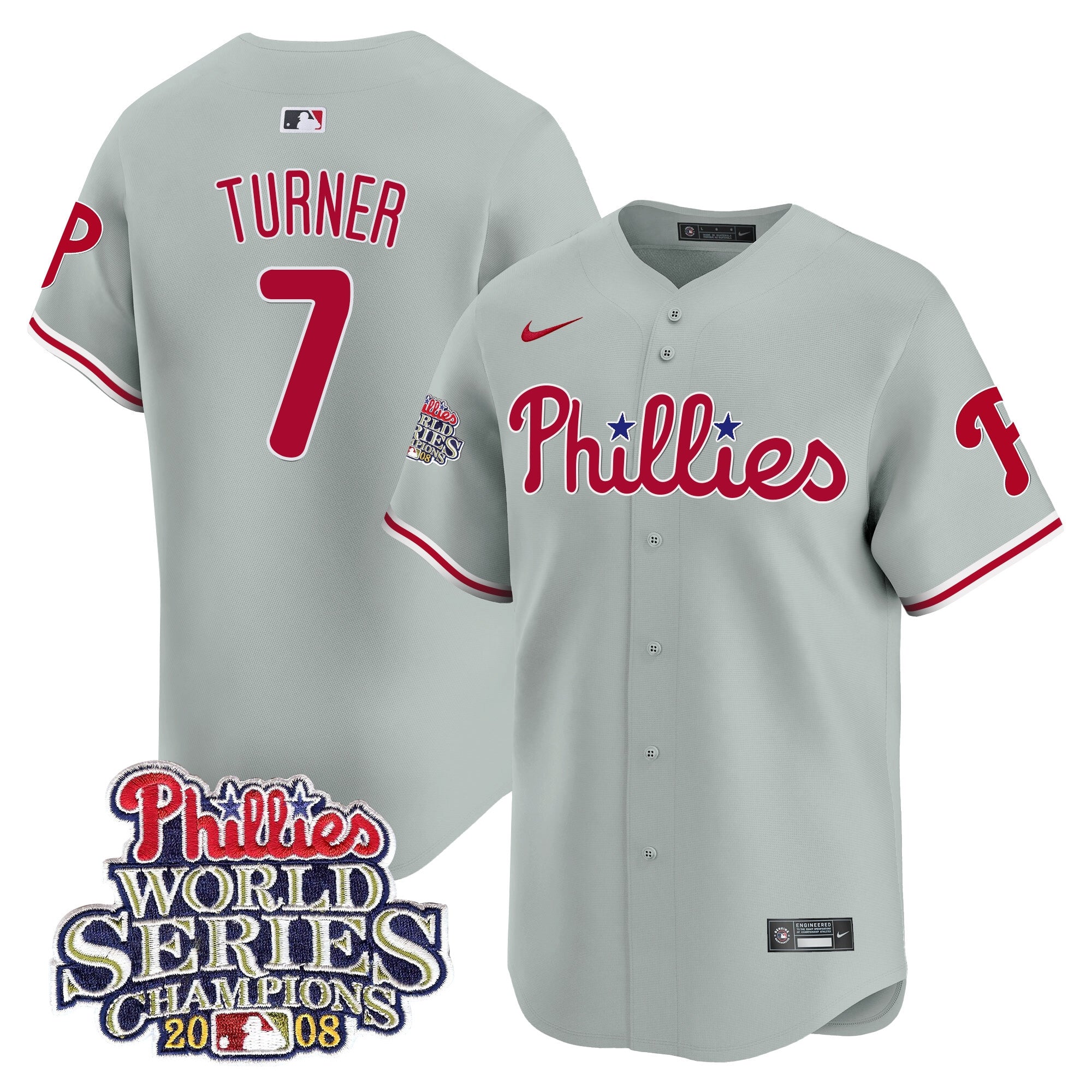 Men's Phillies 2008 World Series Champions Patch Vapor Premier Limited Jersey - All Stitched - Gray Road, Trea Turner