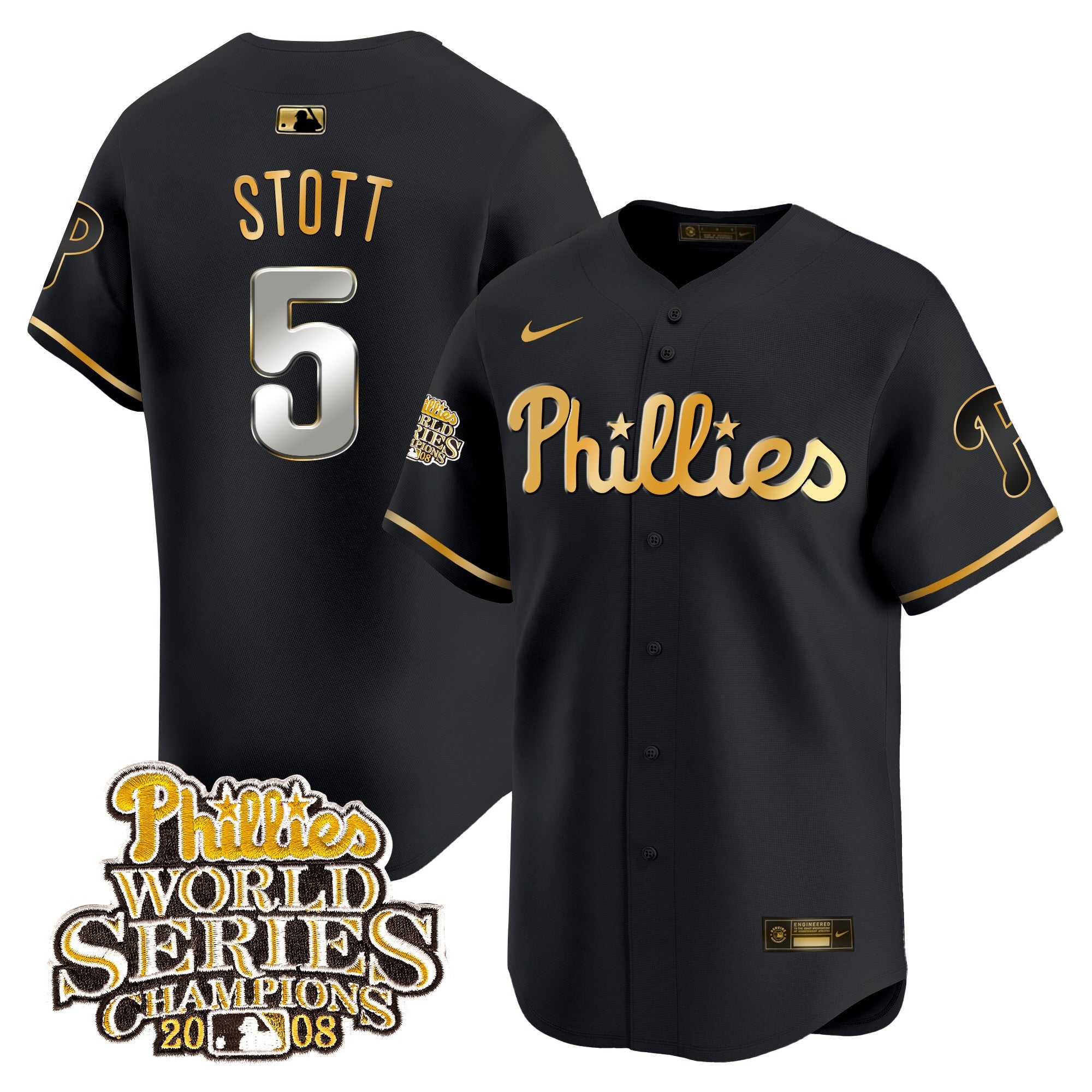 Men's Phillies 2008 World Series Champions Patch Vapor Premier Limited Jersey - All Stitched - Black Gold, Bryson Stott