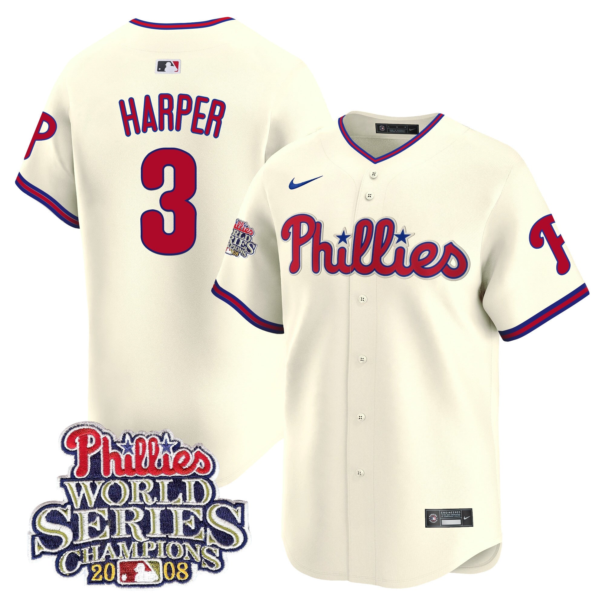 Men's Phillies 2008 World Series Champions Patch Vapor Premier Limited Jersey - All Stitched - Cream, Bryce Harper