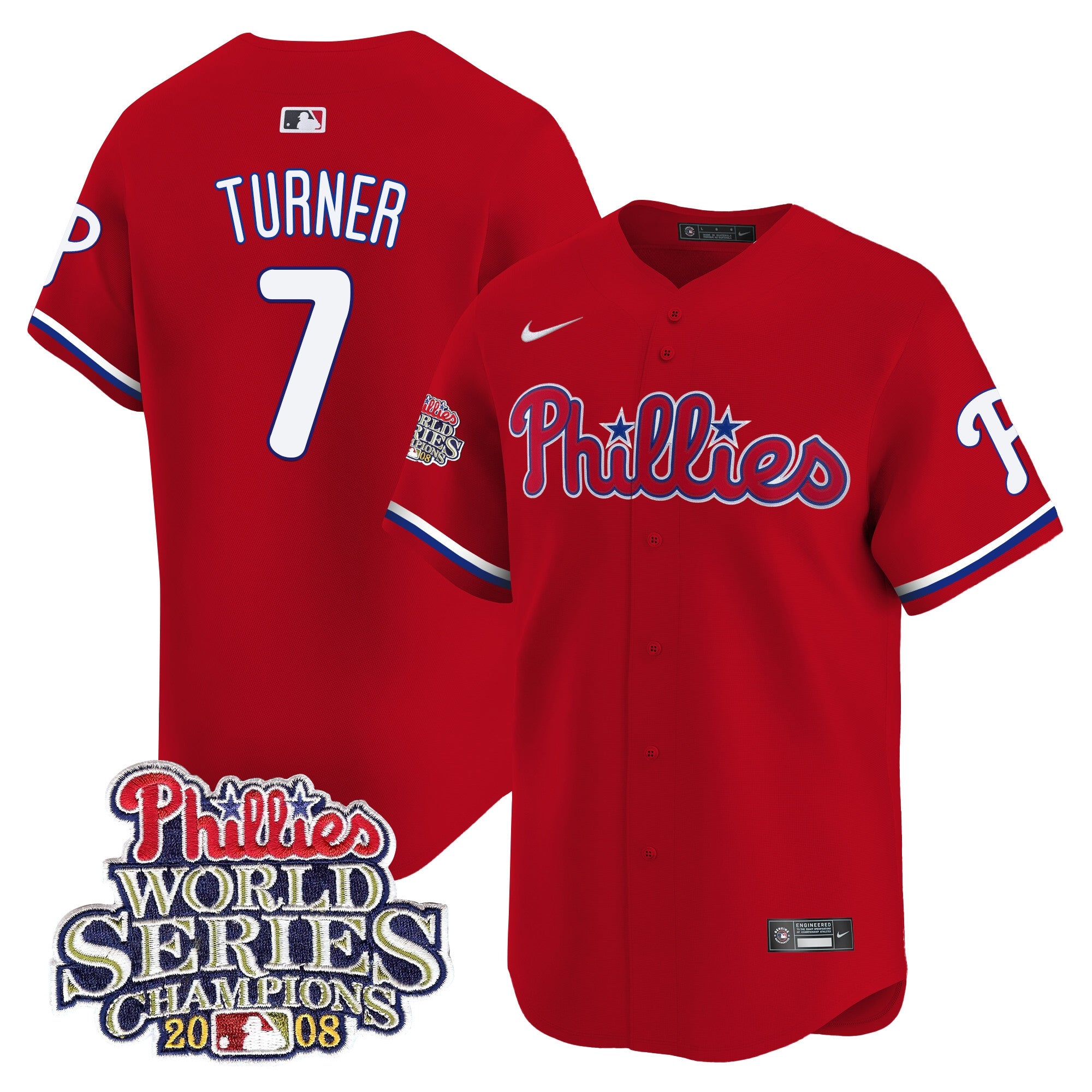 Men's Phillies 2008 World Series Champions Patch Vapor Premier Limited Jersey - All Stitched - Red, Trea Turner