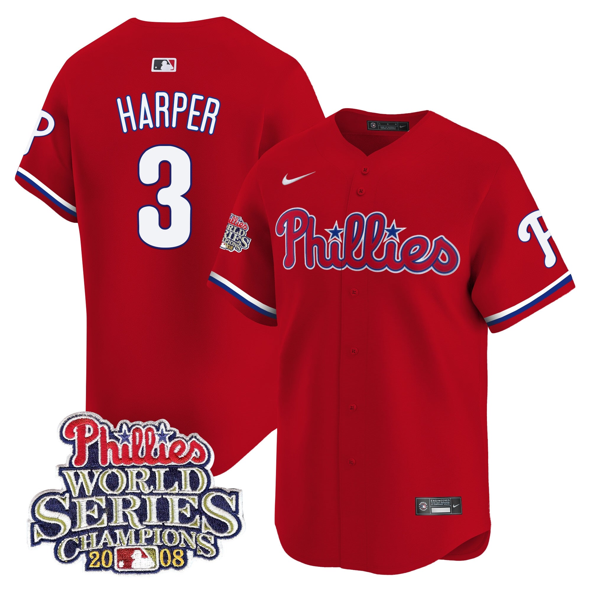 Men's Phillies 2008 World Series Champions Patch Vapor Premier Limited Jersey - All Stitched - Red, Bryce Harper