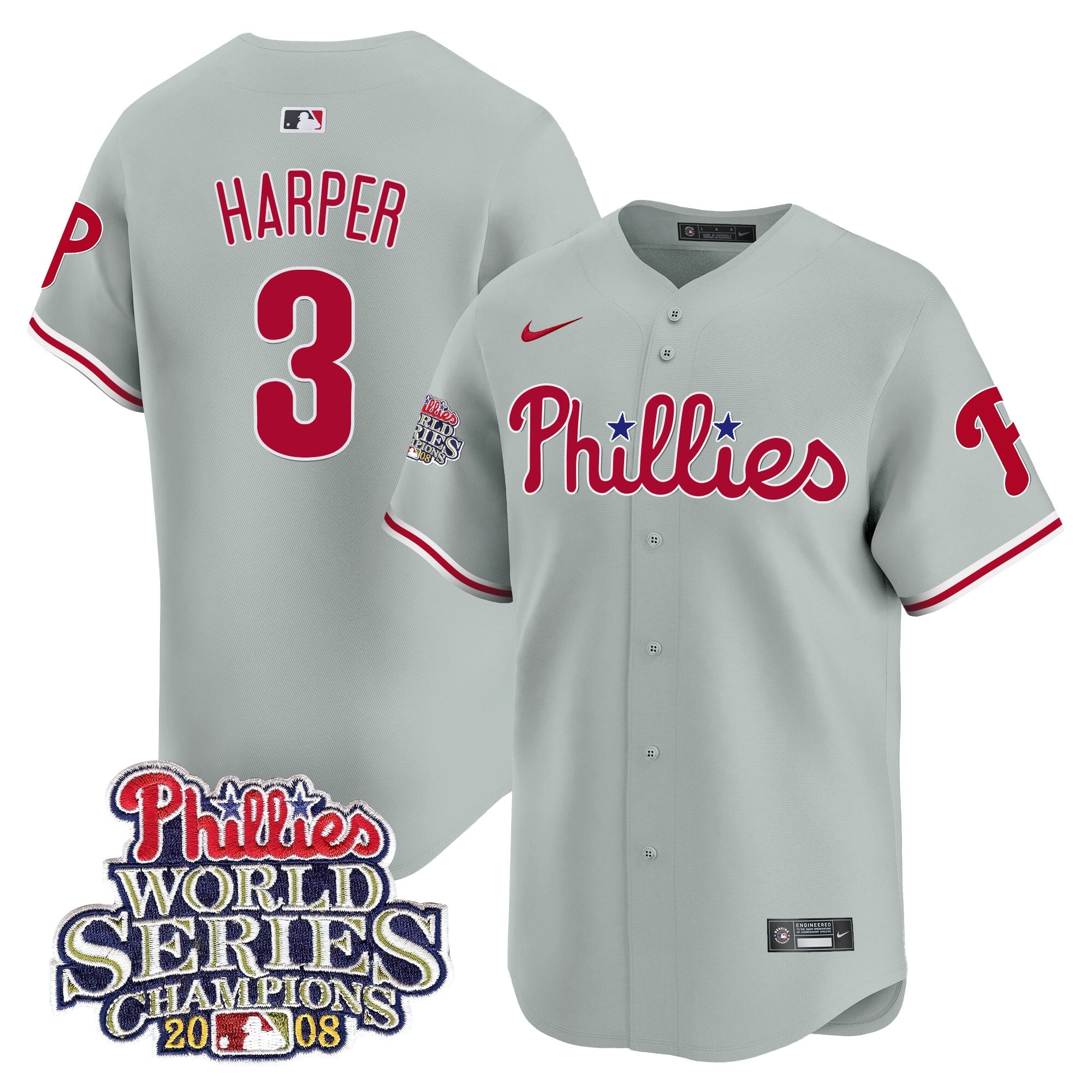 Men's Phillies 2008 World Series Champions Patch Vapor Premier Limited Jersey - All Stitched - Gray Road, Bryce Harper