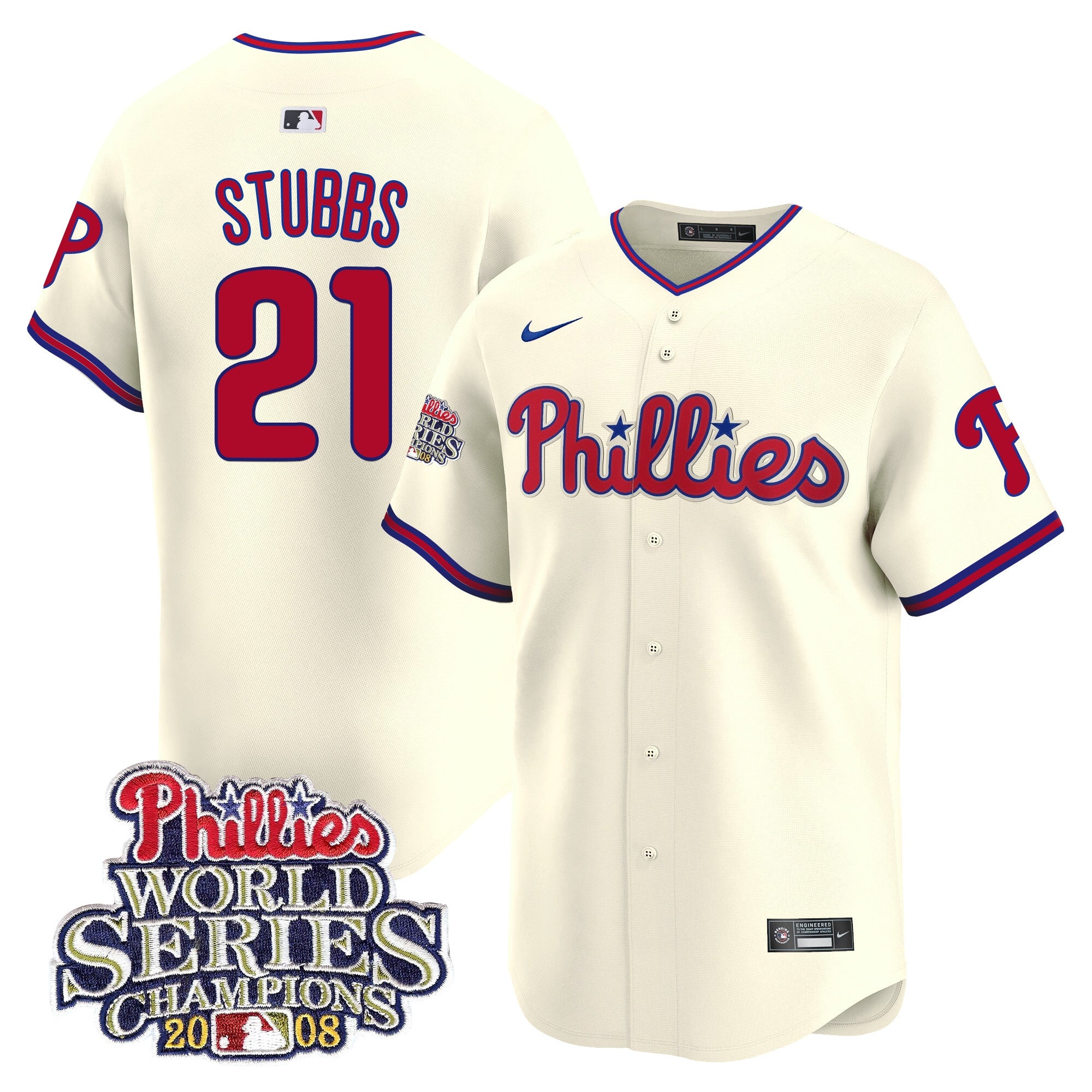 Men's Phillies 2008 World Series Champions Patch Vapor Premier Limited Jersey - All Stitched - Cream, Garrett Stubbs