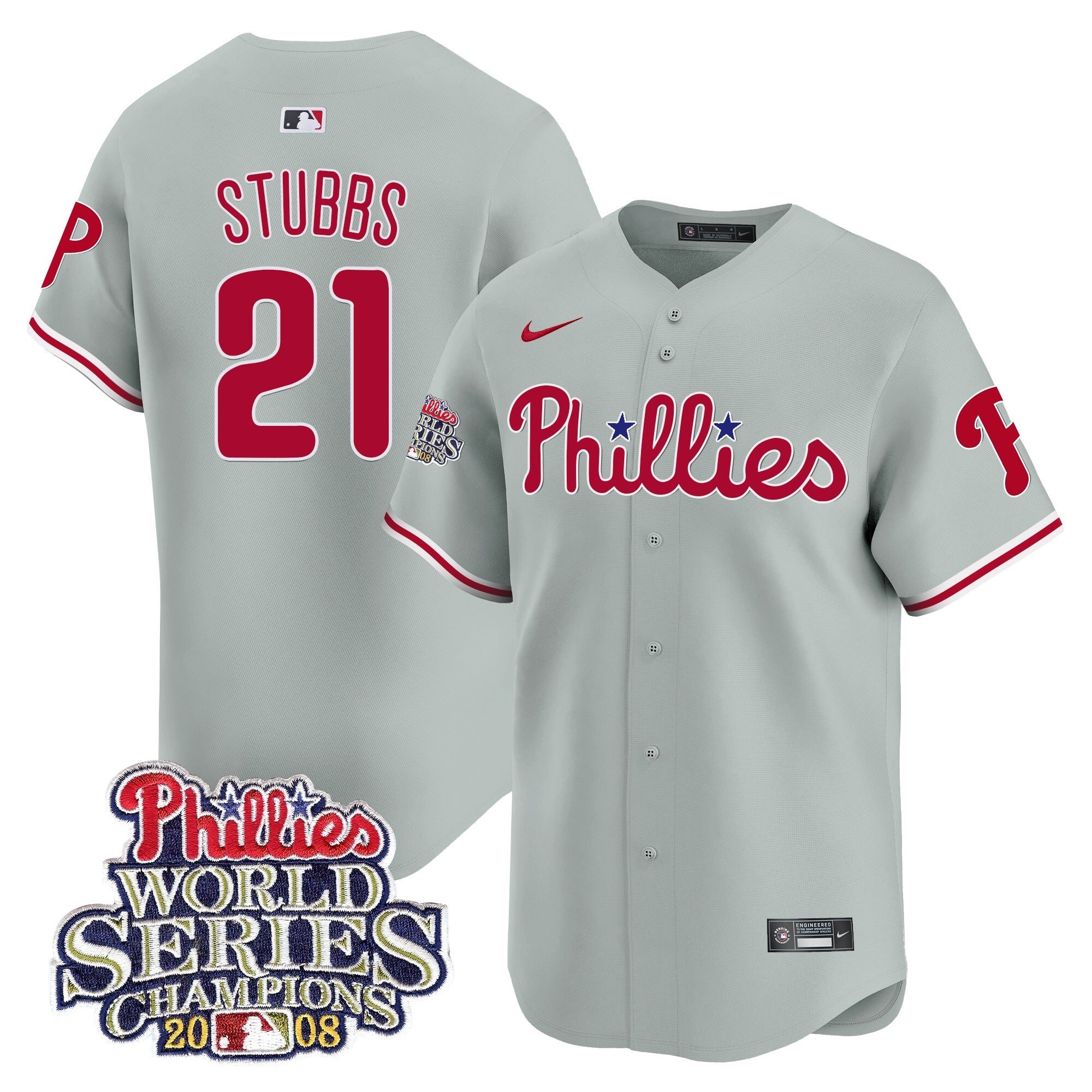 Men's Phillies 2008 World Series Champions Patch Vapor Premier Limited Jersey - All Stitched - Gray Road, Garrett Stubbs