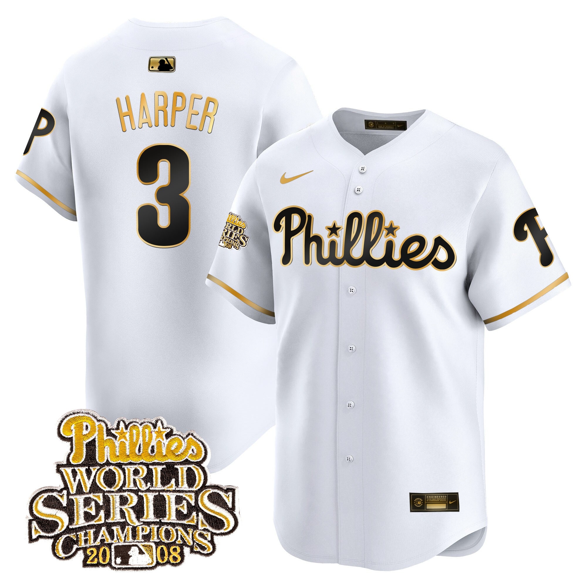 Men's Phillies 2008 World Series Champions Patch Vapor Premier Limited Jersey - All Stitched - White, Bryce Harper