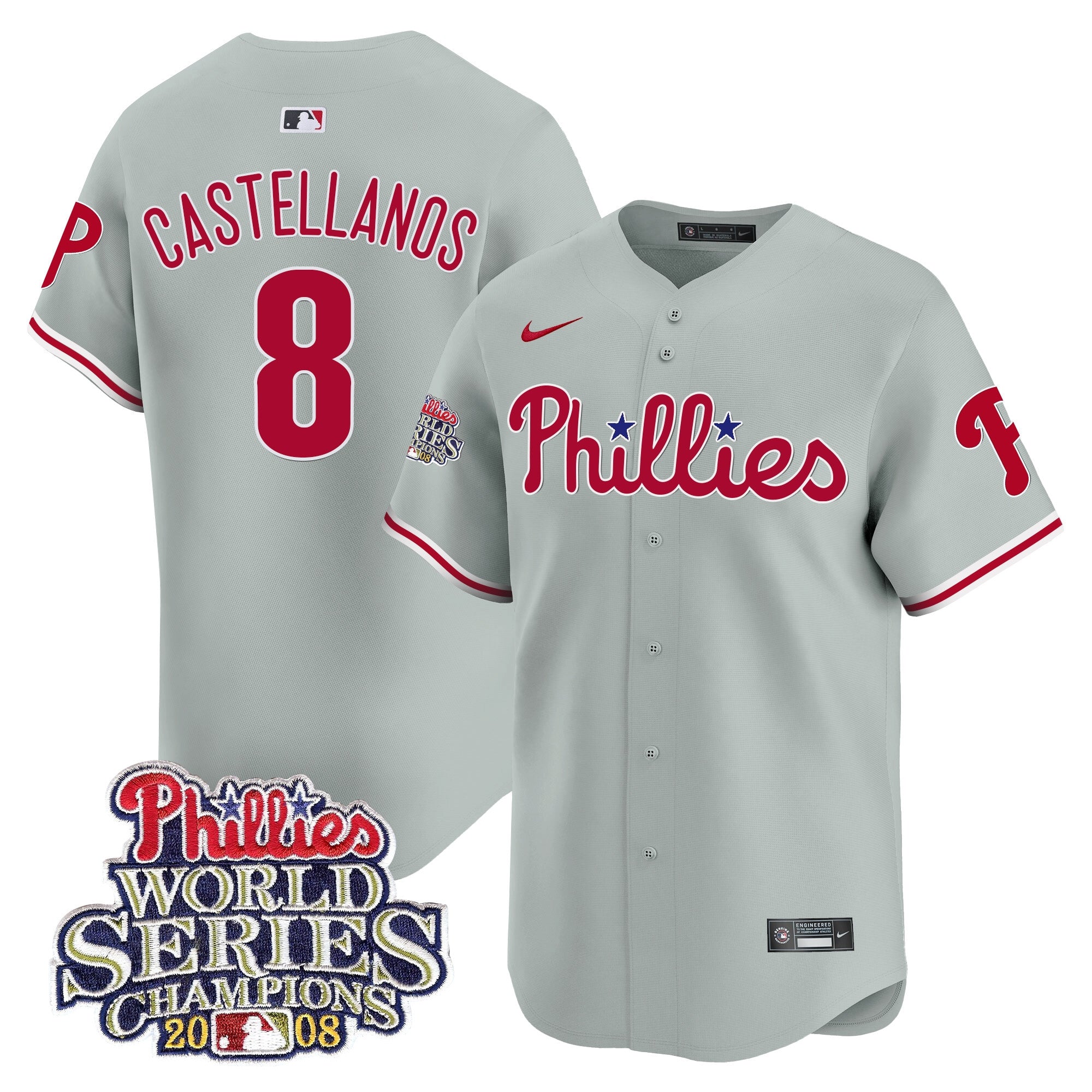 Men's Phillies 2008 World Series Champions Patch Vapor Premier Limited Jersey - All Stitched - Gray Road, Nick Castellanos