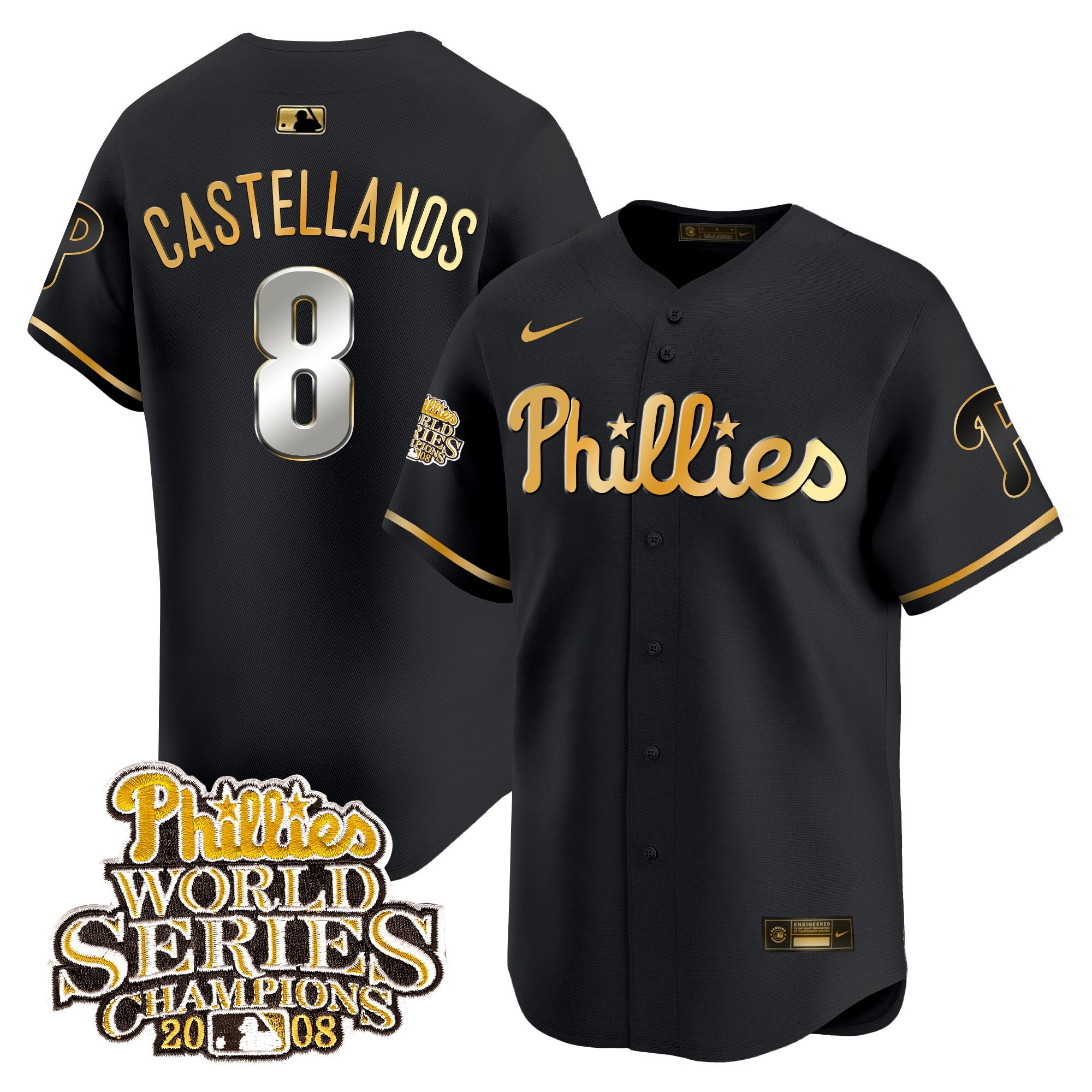 Men's Phillies 2008 World Series Champions Patch Vapor Premier Limited Jersey - All Stitched - Black Gold, Nick Castellanos