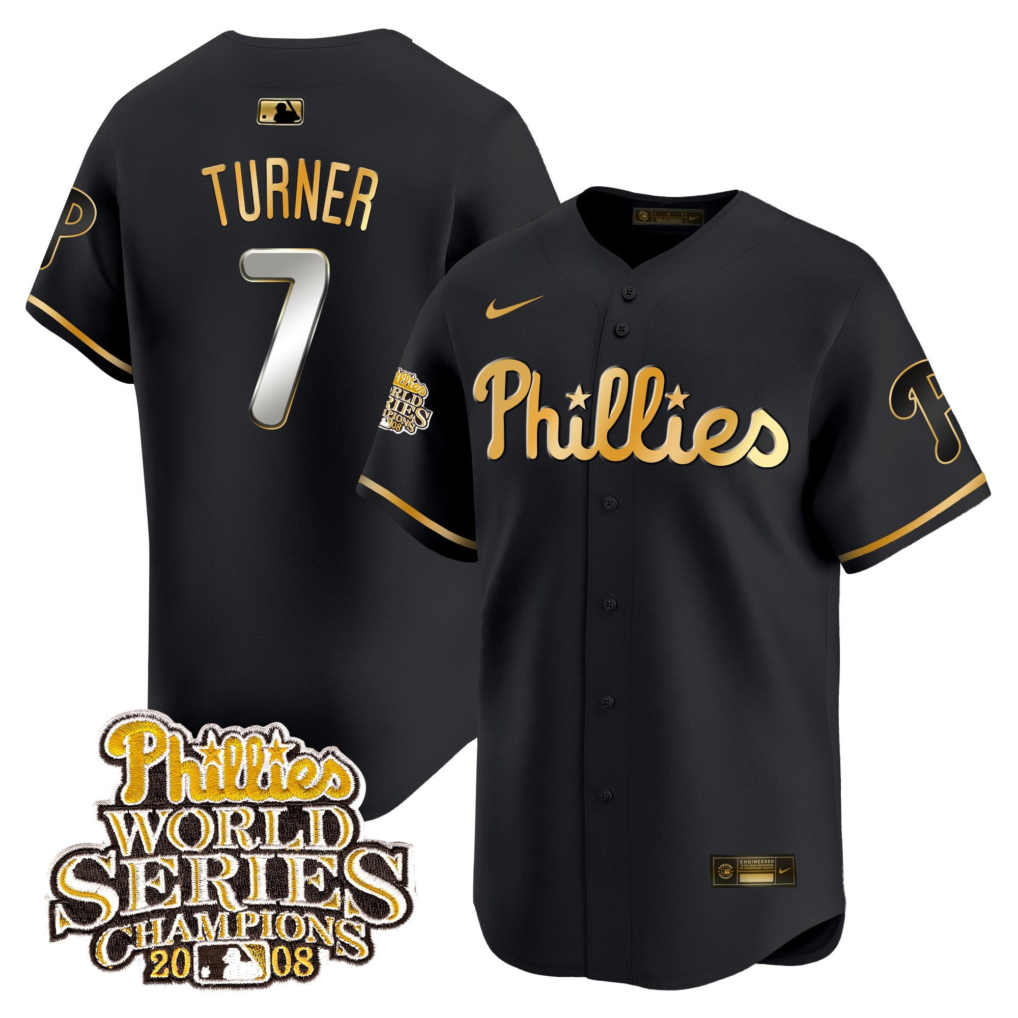 Men's Phillies 2008 World Series Champions Patch Vapor Premier Limited Jersey - All Stitched - Black Gold, Trea Turner