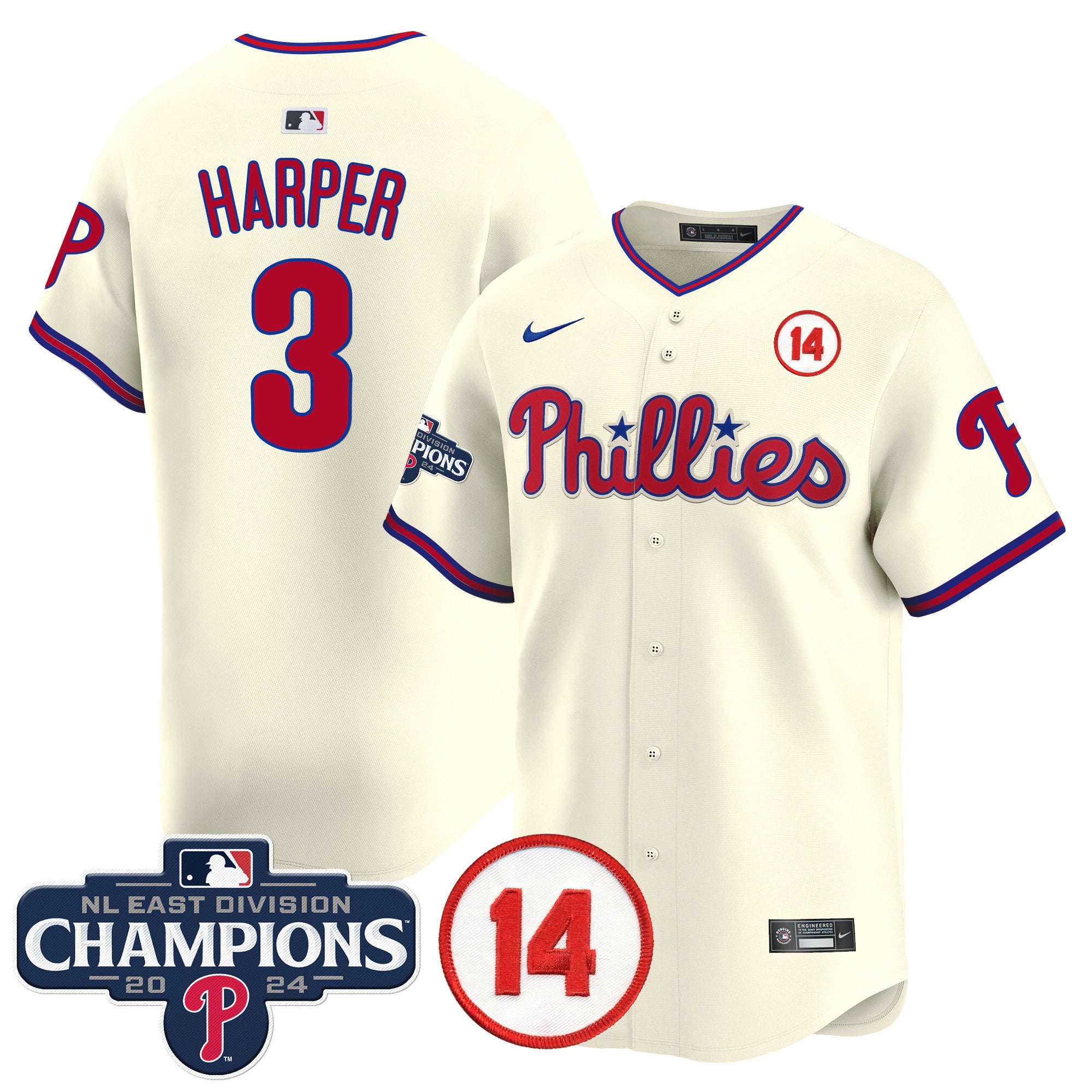Men's Phillies 2024 NL East Division Champions & Pete Rose Patch Vapor Premier Limited Jersey - All Stitched - Cream, Bryce Harper