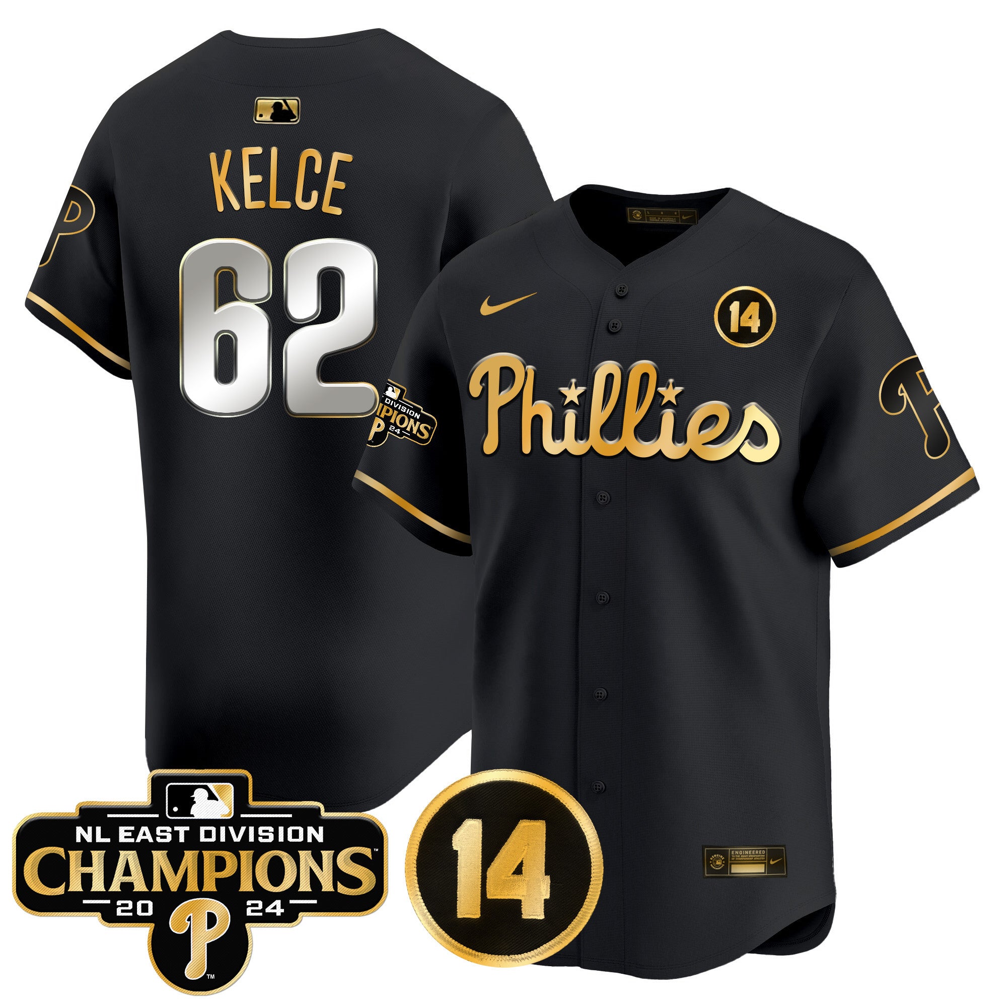 Men's Phillies 2024 NL East Division Champions & Pete Rose Patch Vapor Premier Limited Jersey - All Stitched - Black Gold, Jason Kelce