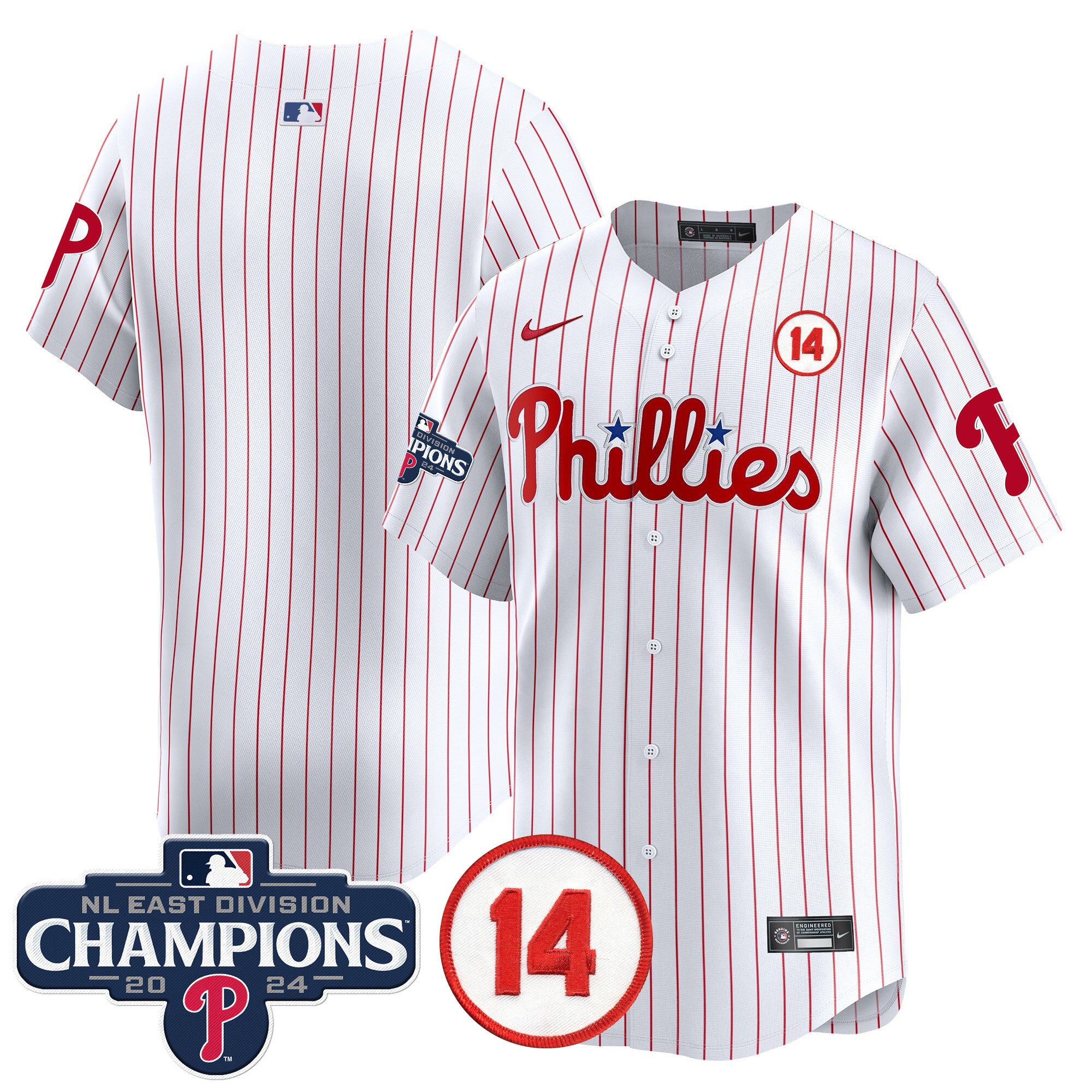 Men's Phillies 2024 NL East Division Champions & Pete Rose Patch Vapor Premier Limited Jersey - All Stitched - White, Team
