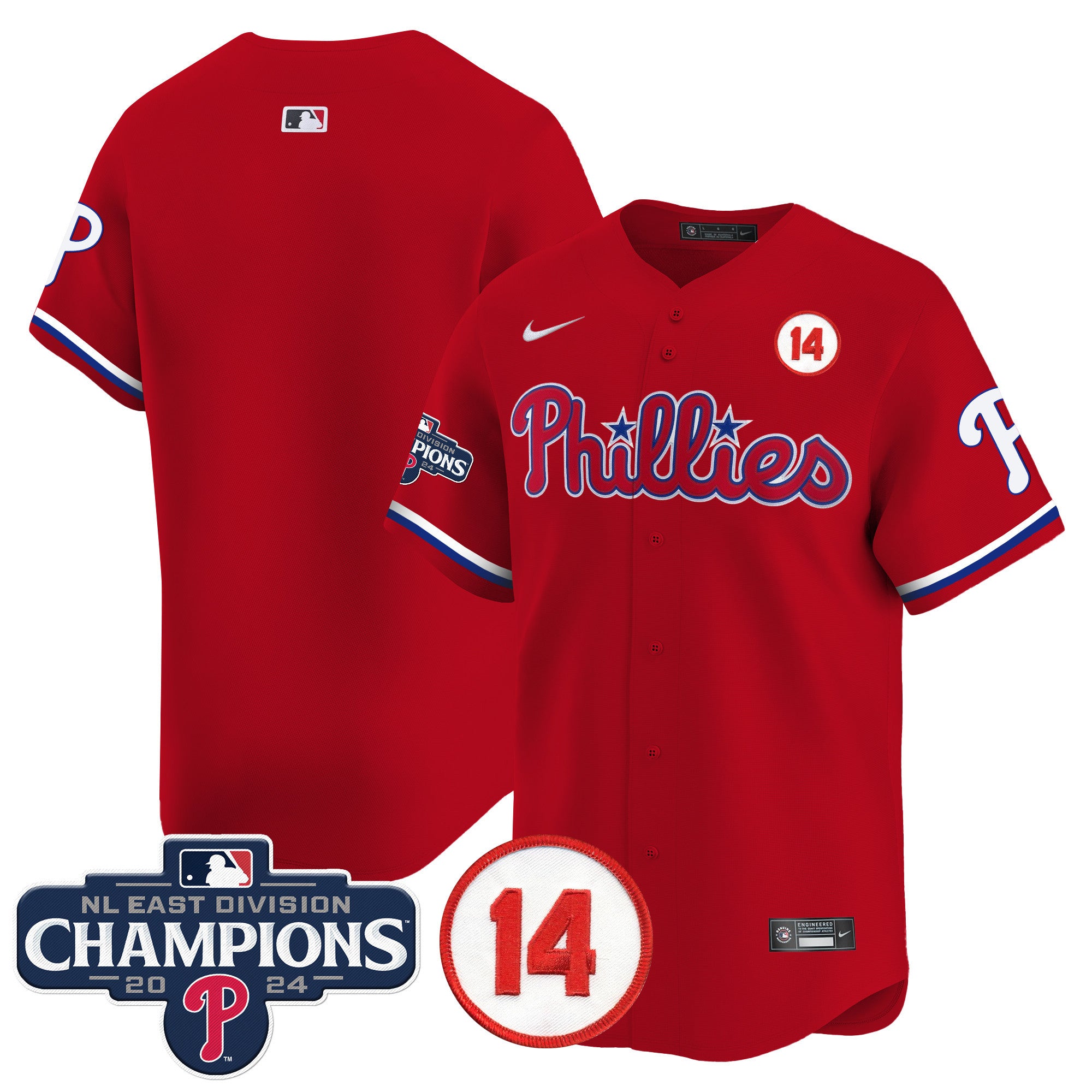 Men's Phillies 2024 NL East Division Champions & Pete Rose Patch Vapor Premier Limited Jersey - All Stitched - Red, Team