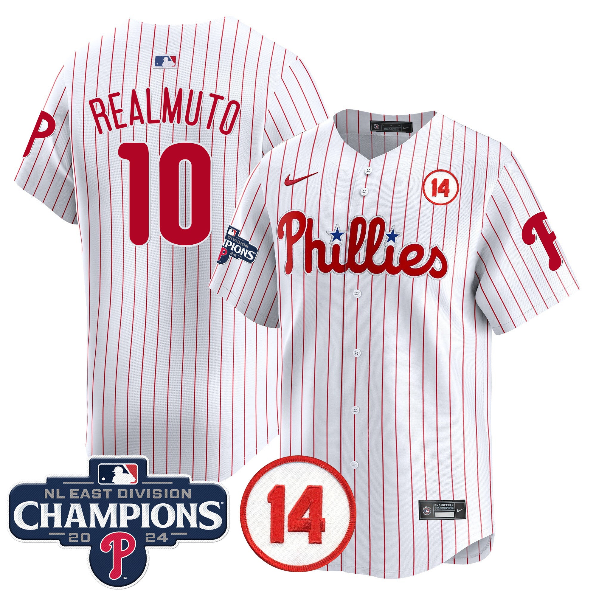 Men's Phillies 2024 NL East Division Champions & Pete Rose Patch Vapor Premier Limited Jersey - All Stitched - White, J.T.Realmuto