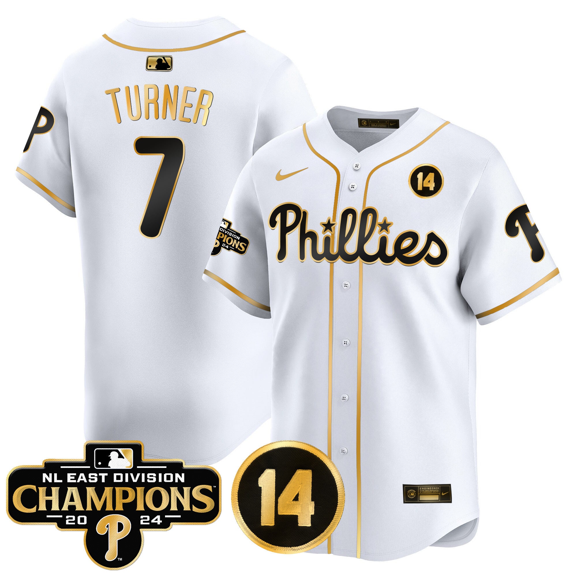 Men's Phillies 2024 NL East Division Champions & Pete Rose Patch Vapor Premier Limited Jersey - All Stitched - White Gold, Trea Turner