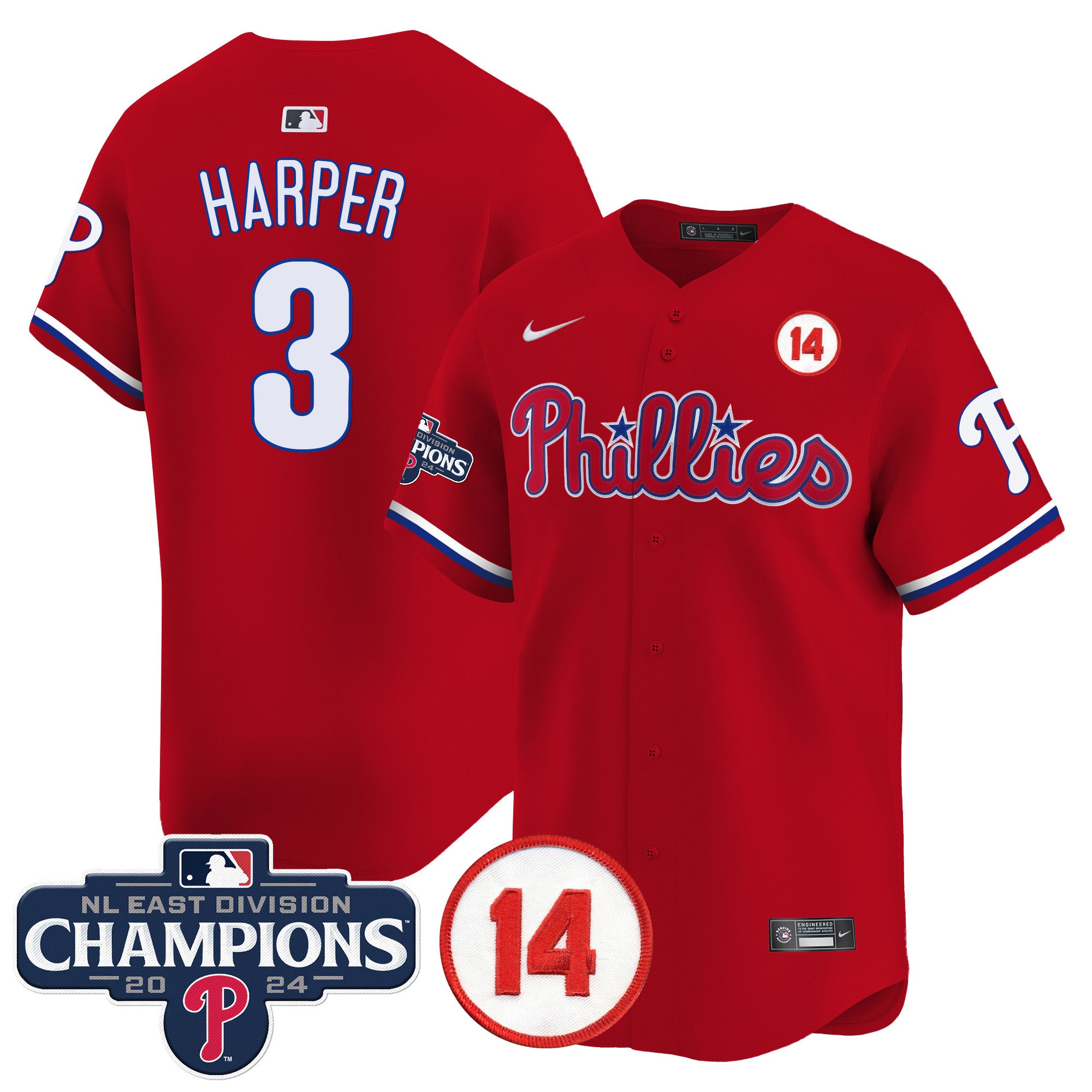 Men's Phillies 2024 NL East Division Champions & Pete Rose Patch Vapor Premier Limited Jersey - All Stitched - Red, Bryce Harper