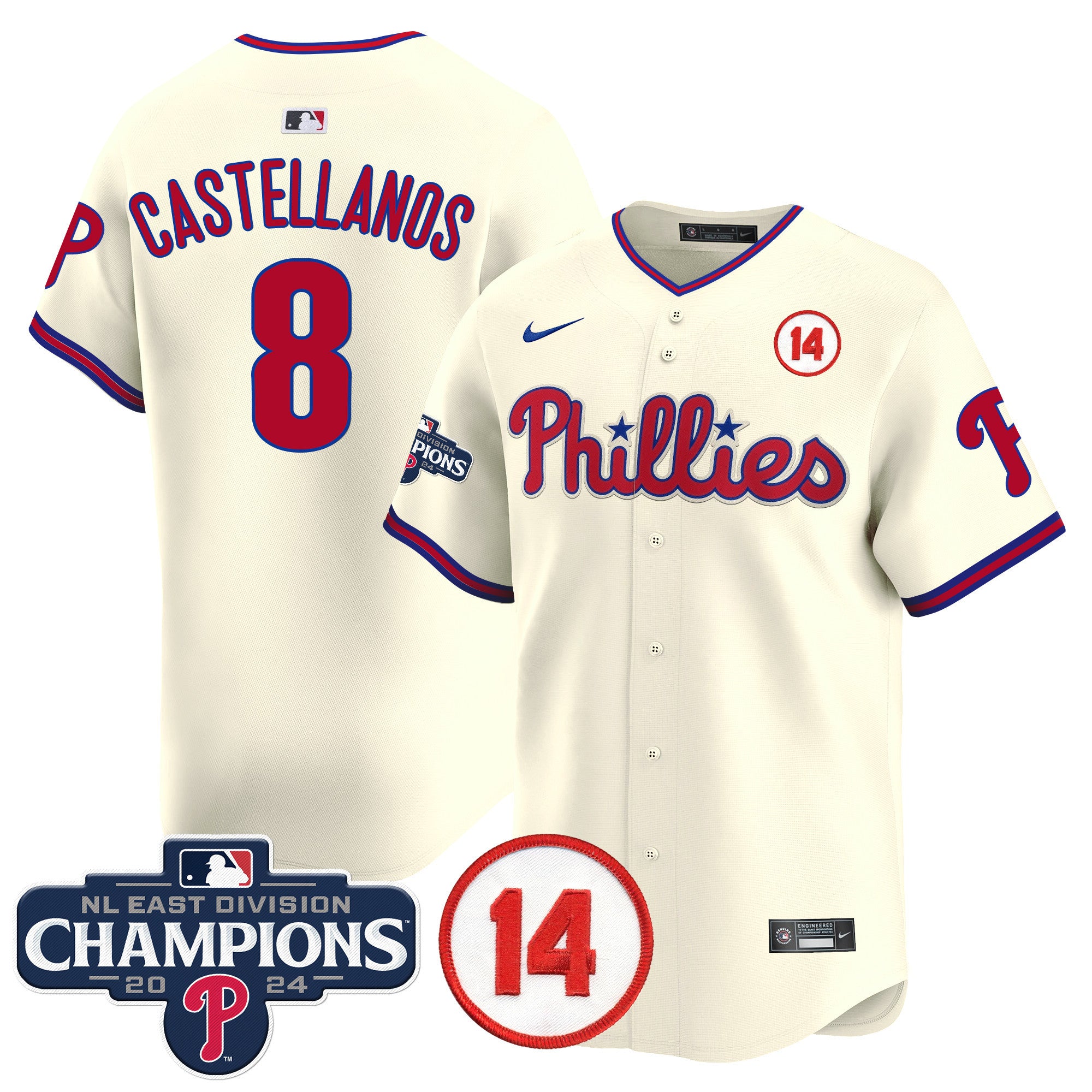 Men's Phillies 2024 NL East Division Champions & Pete Rose Patch Vapor Premier Limited Jersey - All Stitched - Cream, Nick Castellanos