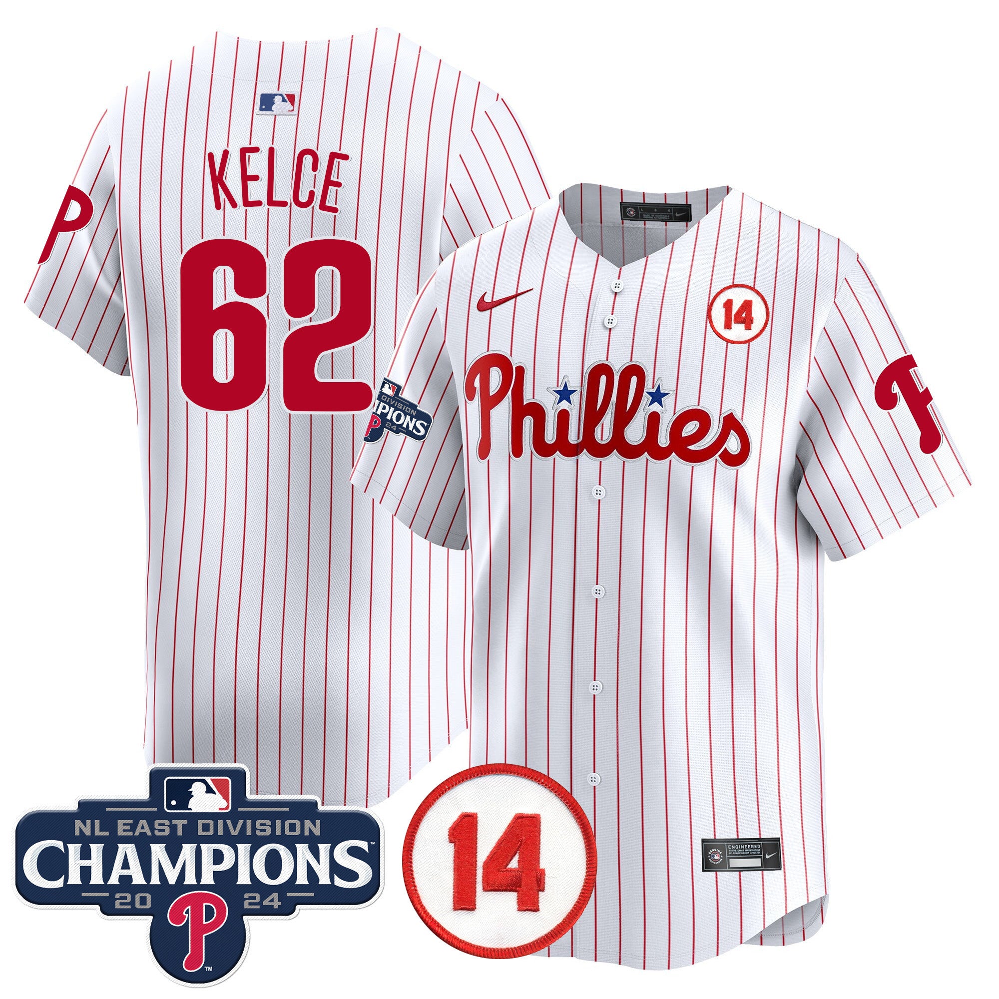 Men's Phillies 2024 NL East Division Champions & Pete Rose Patch Vapor Premier Limited Jersey - All Stitched - White, Jason Kelce