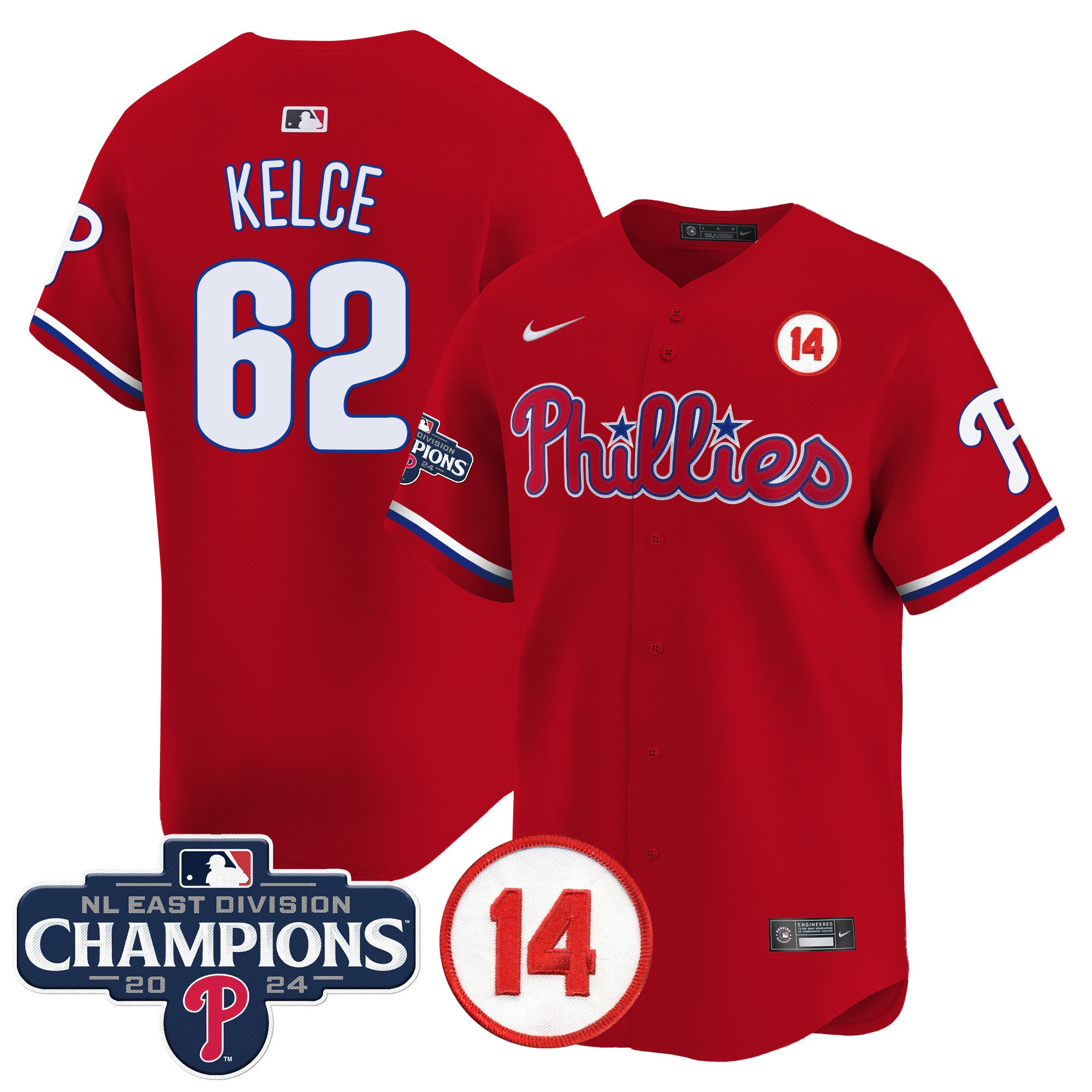 Men's Phillies 2024 NL East Division Champions & Pete Rose Patch Vapor Premier Limited Jersey - All Stitched - Red, Jason Kelce
