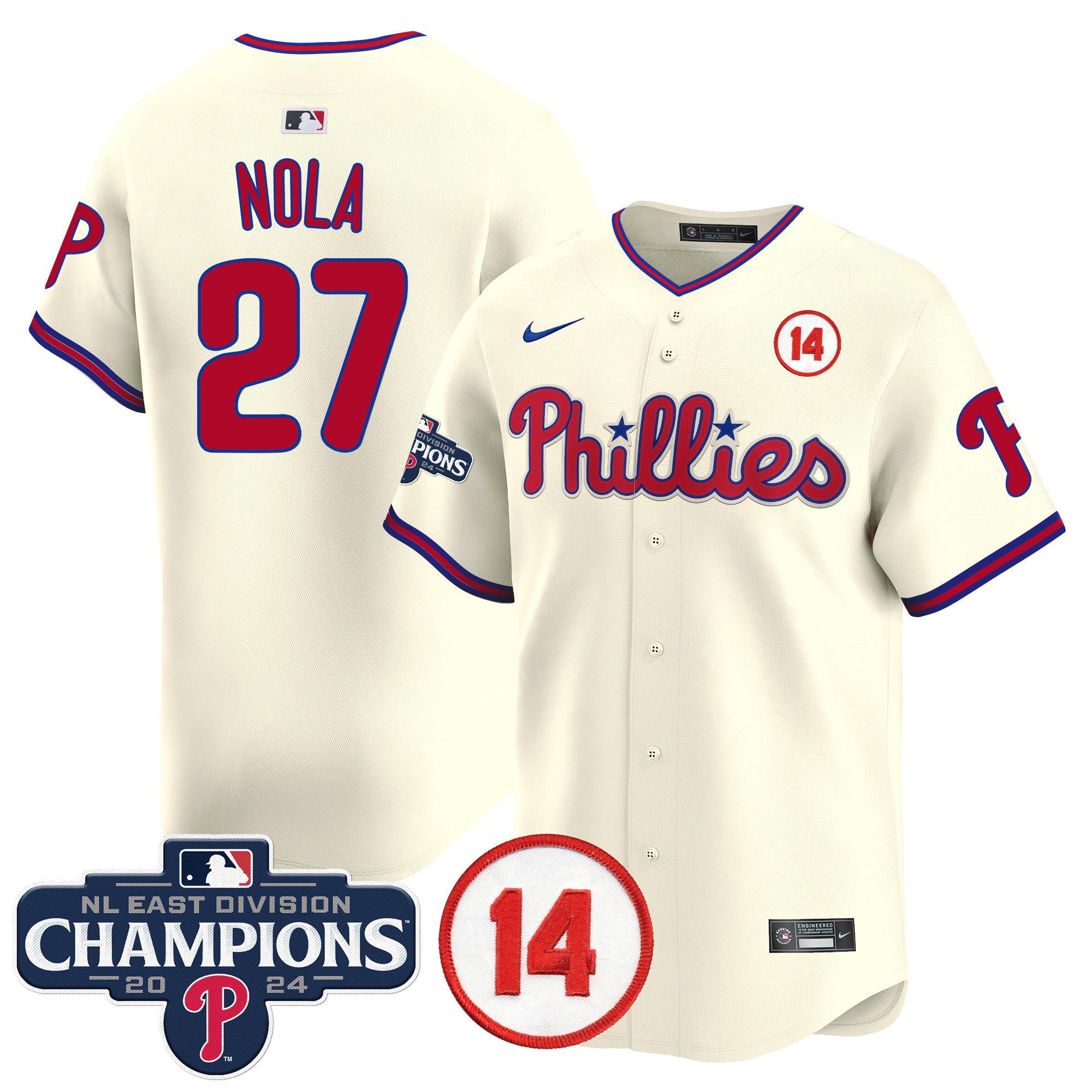 Men's Phillies 2024 NL East Division Champions & Pete Rose Patch Vapor Premier Limited Jersey - All Stitched - Cream, Aaron Nola