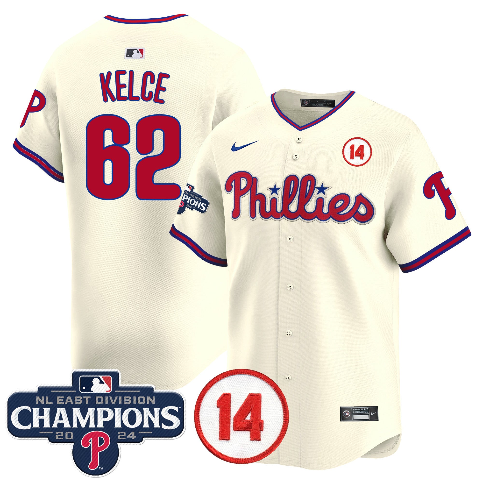 Men's Phillies 2024 NL East Division Champions & Pete Rose Patch Vapor Premier Limited Jersey - All Stitched - Cream, Jason Kelce