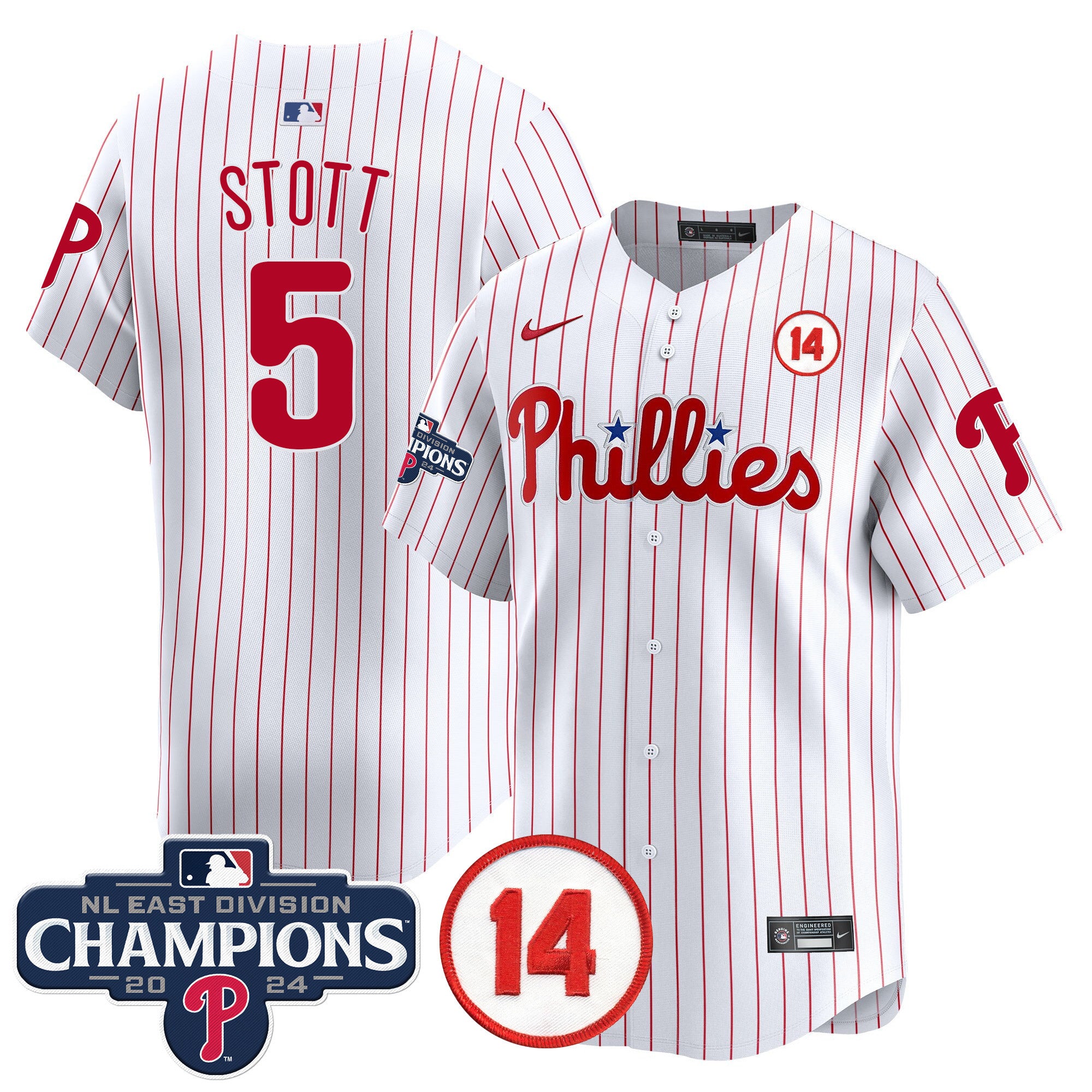 Men's Phillies 2024 NL East Division Champions & Pete Rose Patch Vapor Premier Limited Jersey - All Stitched - White, Bryson Stott