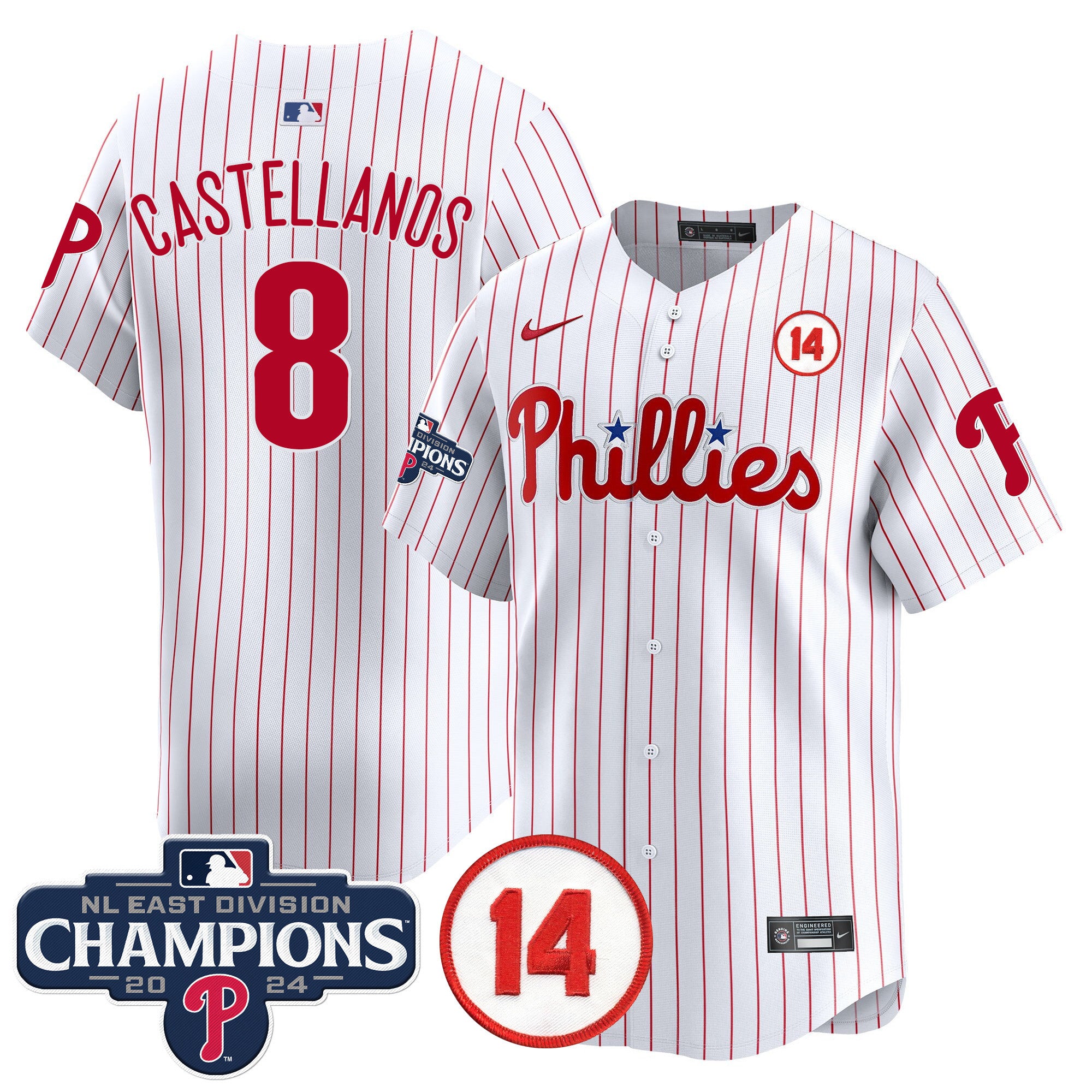 Men's Phillies 2024 NL East Division Champions & Pete Rose Patch Vapor Premier Limited Jersey - All Stitched - White, Nick Castellanos
