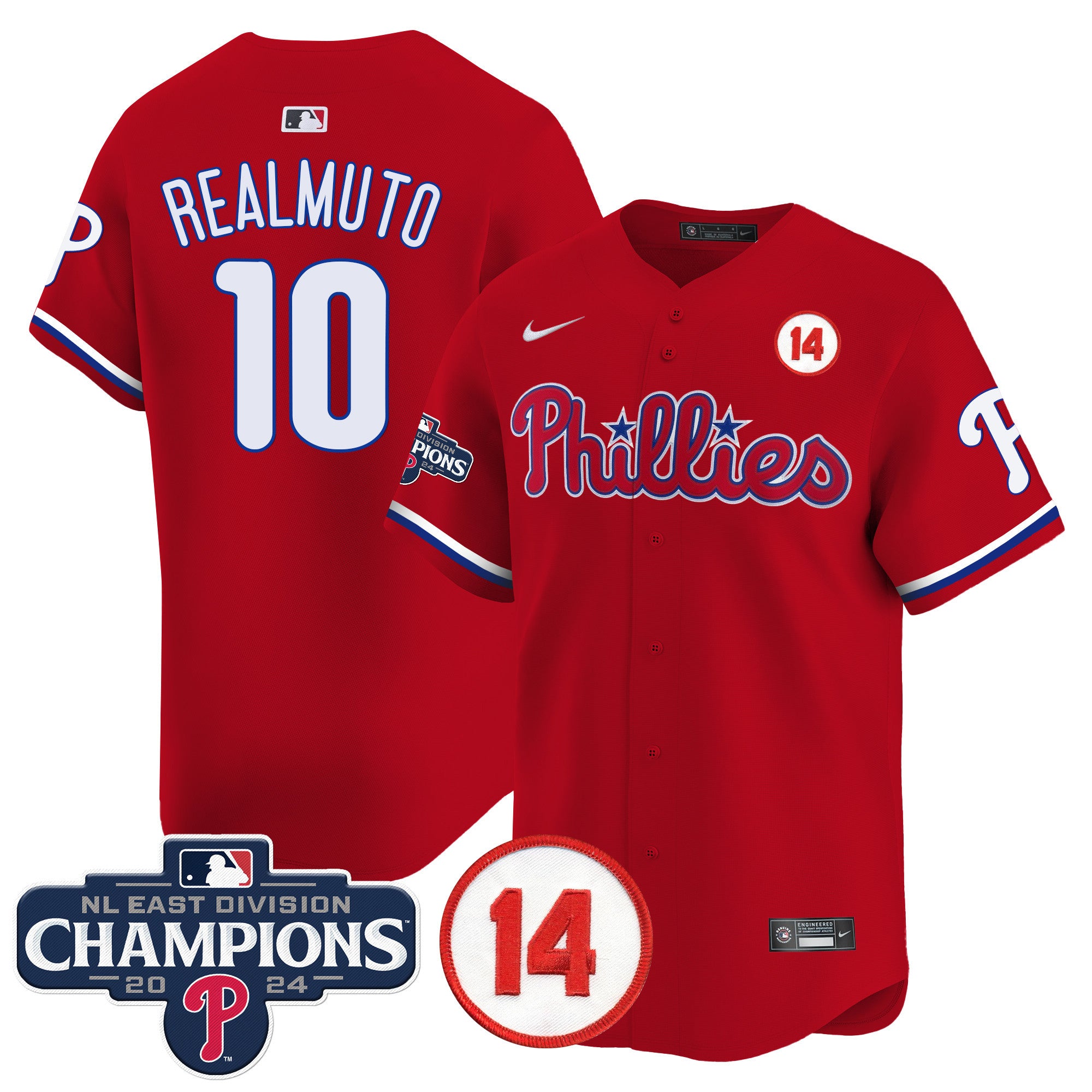 Men's Phillies 2024 NL East Division Champions & Pete Rose Patch Vapor Premier Limited Jersey - All Stitched - Red, J.T.Realmuto