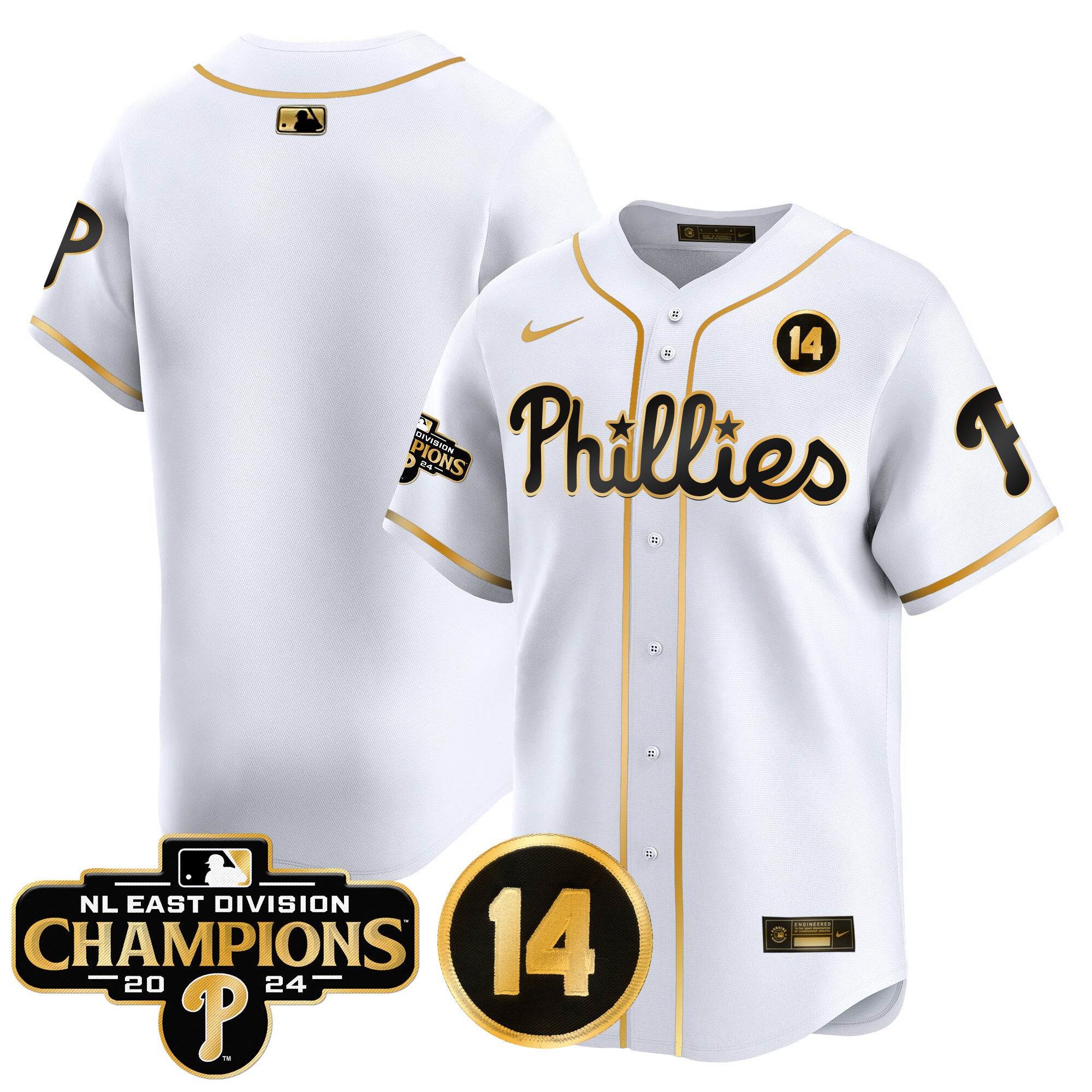 Men's Phillies 2024 NL East Division Champions & Pete Rose Patch Vapor Premier Limited Jersey - All Stitched - White Gold, Team
