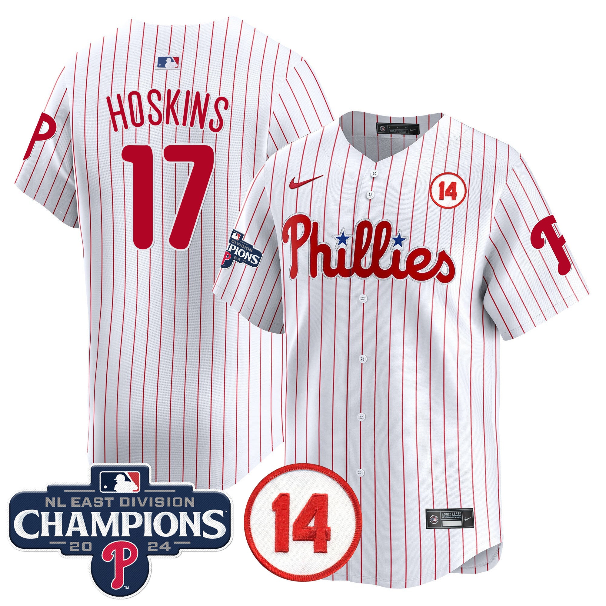 Men's Phillies 2024 NL East Division Champions & Pete Rose Patch Vapor Premier Limited Jersey - All Stitched - White, Rhys Hoskins