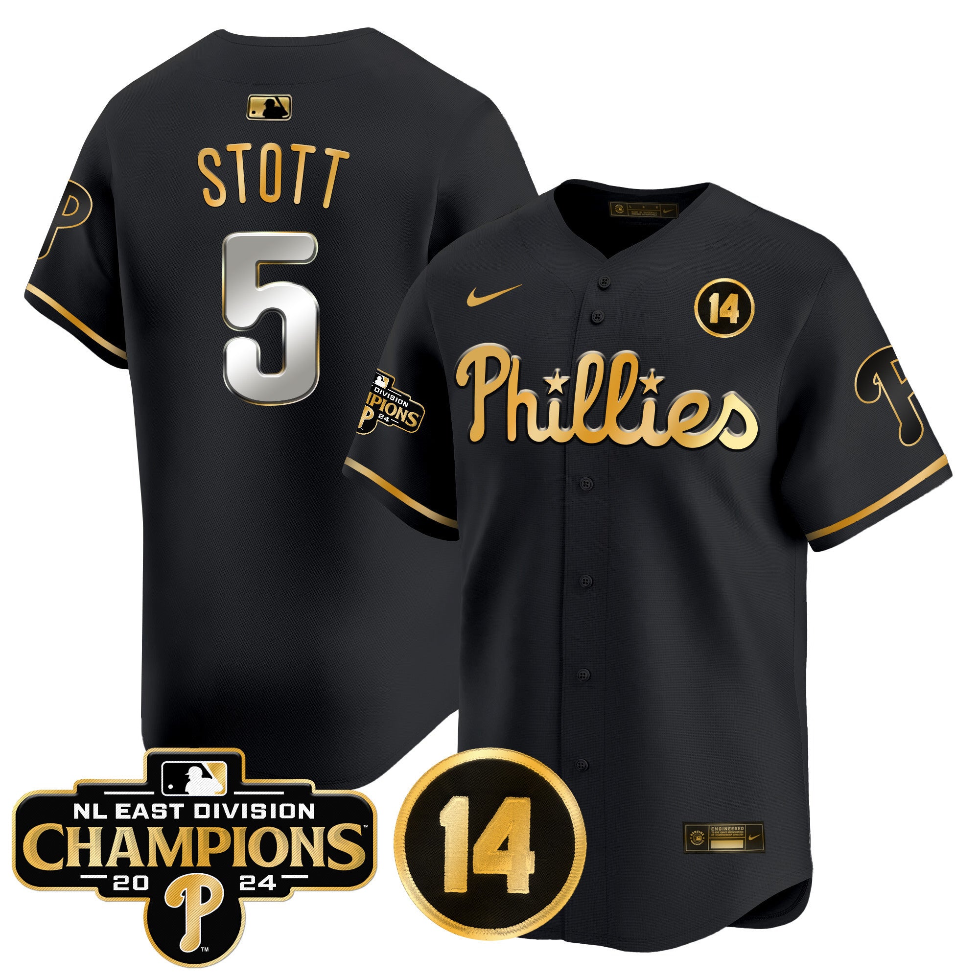 Men's Phillies 2024 NL East Division Champions & Pete Rose Patch Vapor Premier Limited Jersey - All Stitched - Black Gold, Bryson Stott