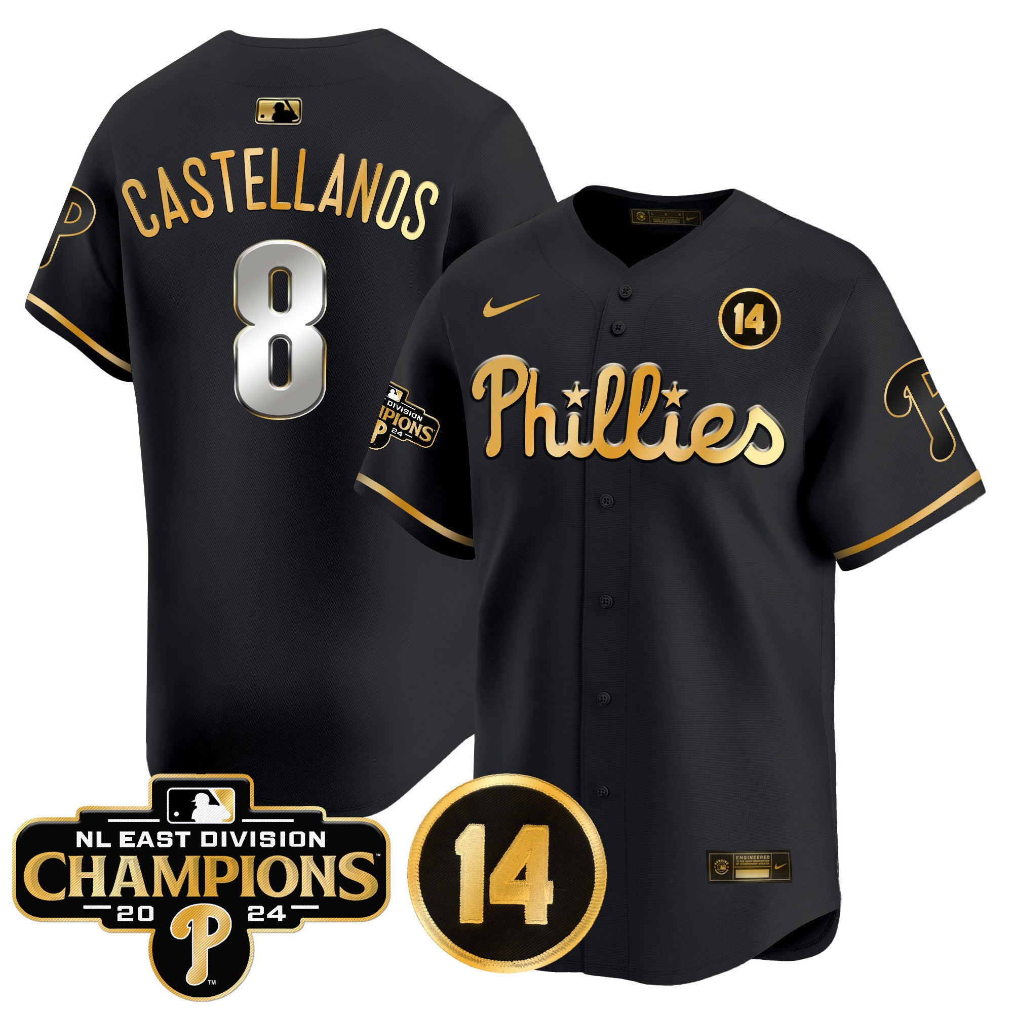 Men's Phillies 2024 NL East Division Champions & Pete Rose Patch Vapor Premier Limited Jersey - All Stitched - Black Gold, Nick Castellanos