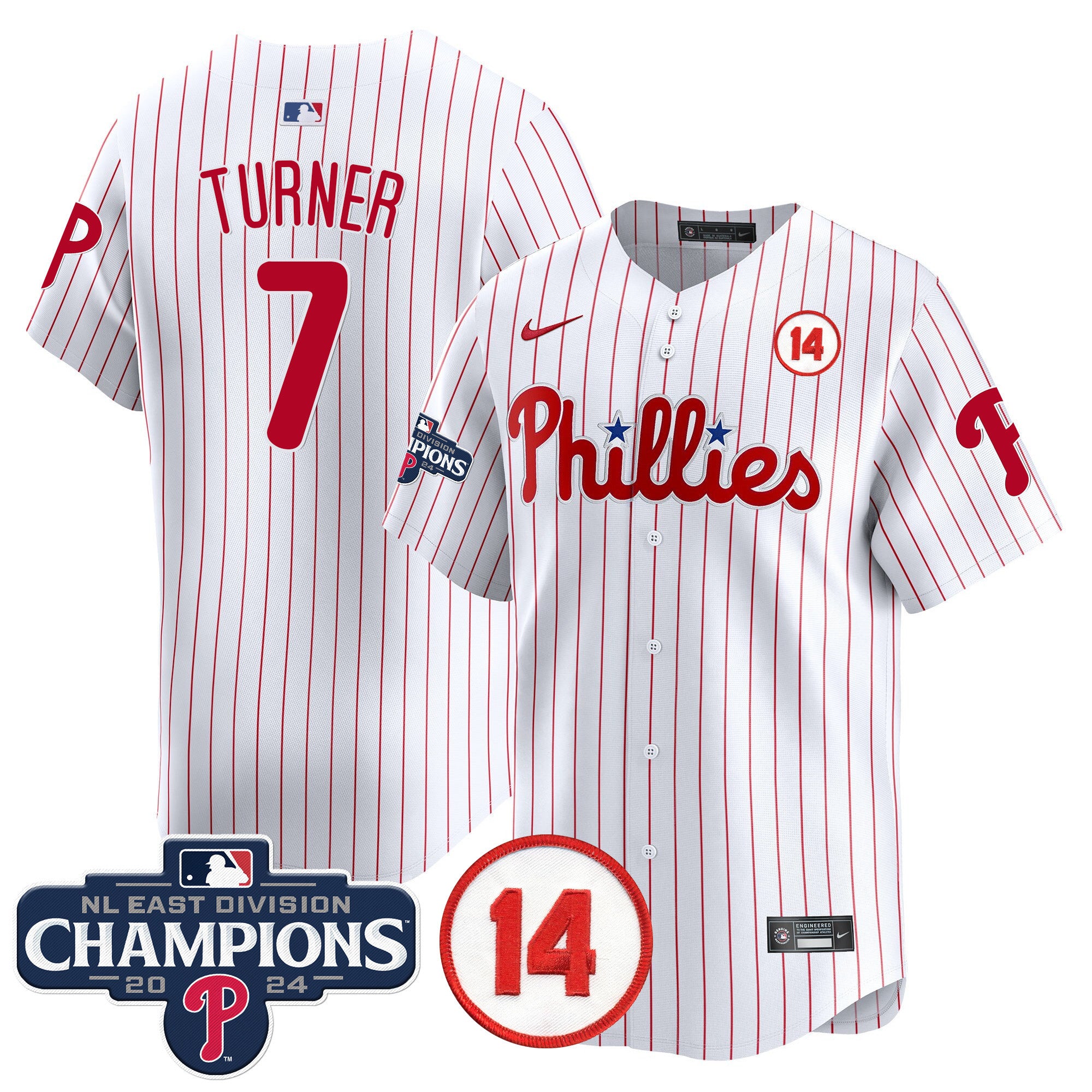 Men's Phillies 2024 NL East Division Champions & Pete Rose Patch Vapor Premier Limited Jersey - All Stitched - White, Trea Turner