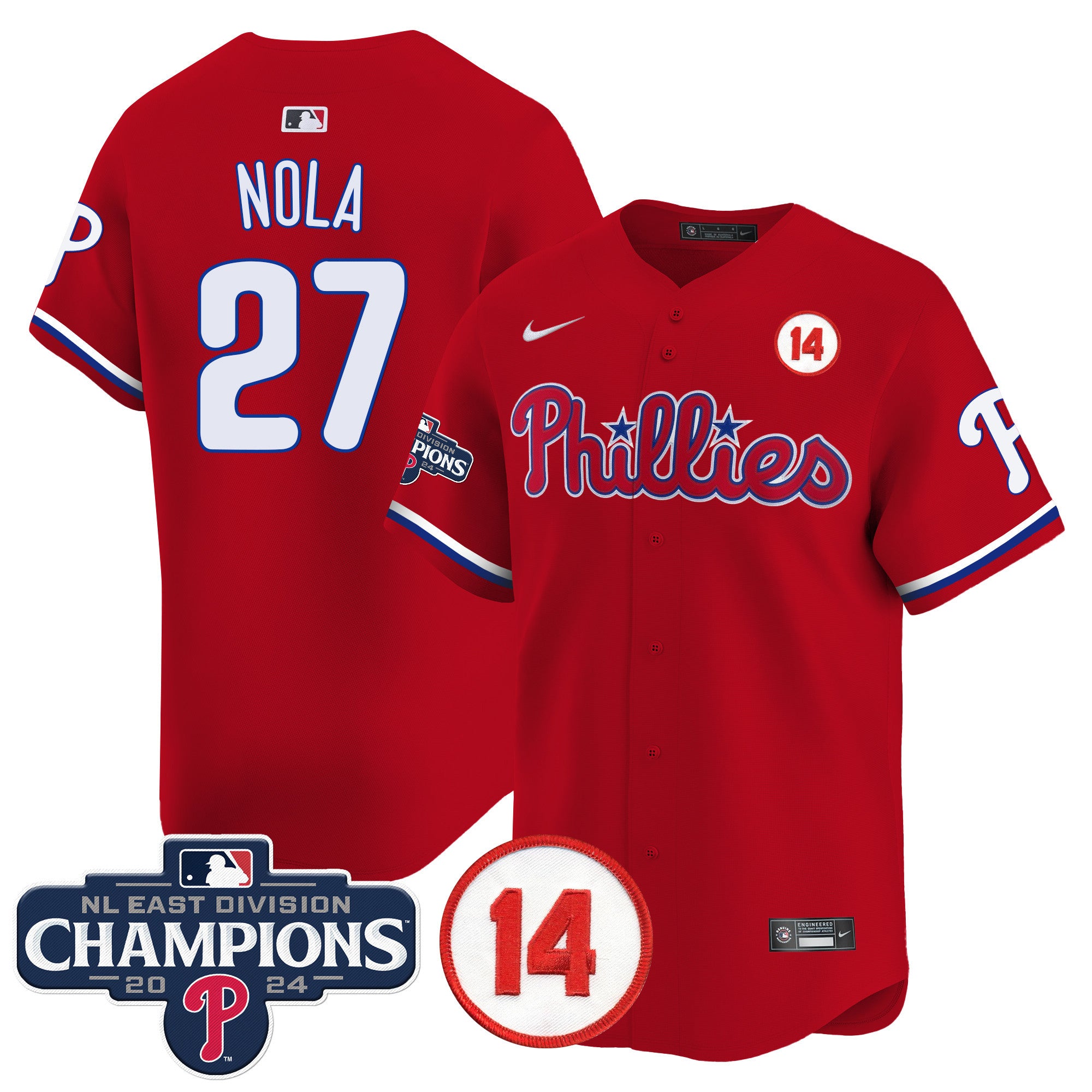 Men's Phillies 2024 NL East Division Champions & Pete Rose Patch Vapor Premier Limited Jersey - All Stitched - Red, Aaron Nola