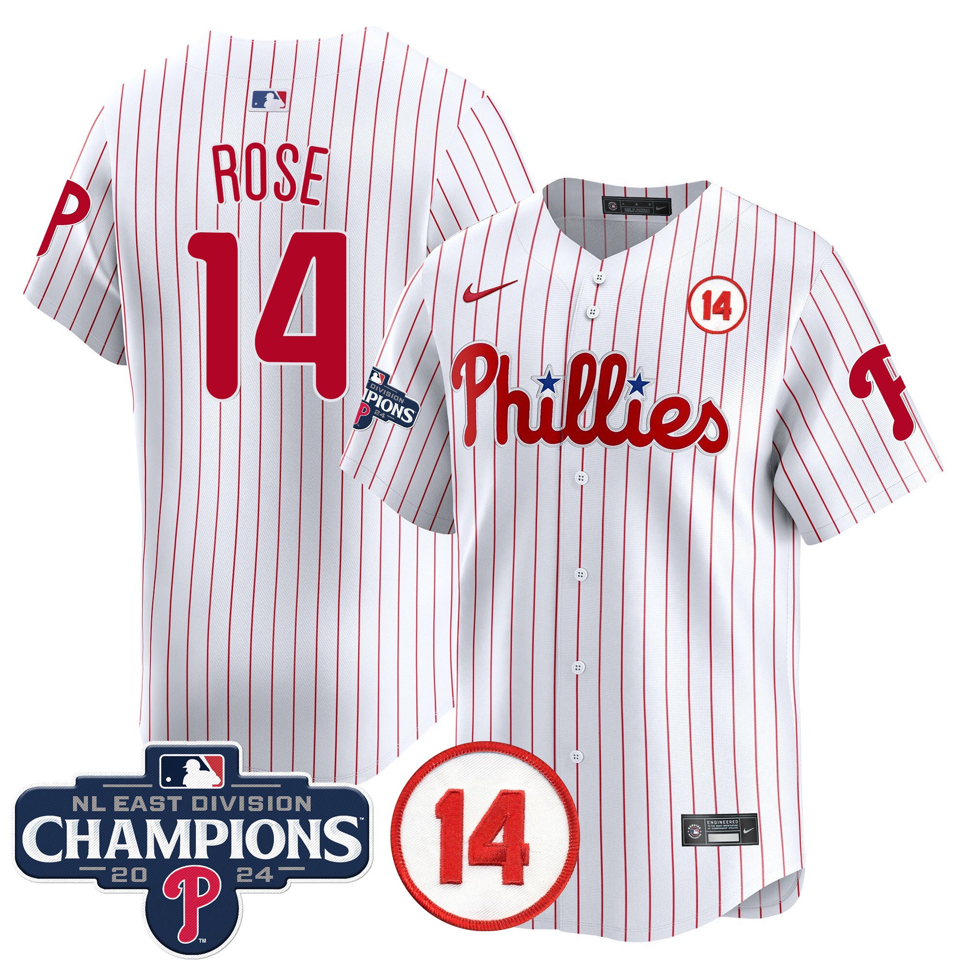 Men's Phillies 2024 NL East Division Champions & Pete Rose Patch Vapor Premier Limited Jersey - All Stitched - White, Pete Rose