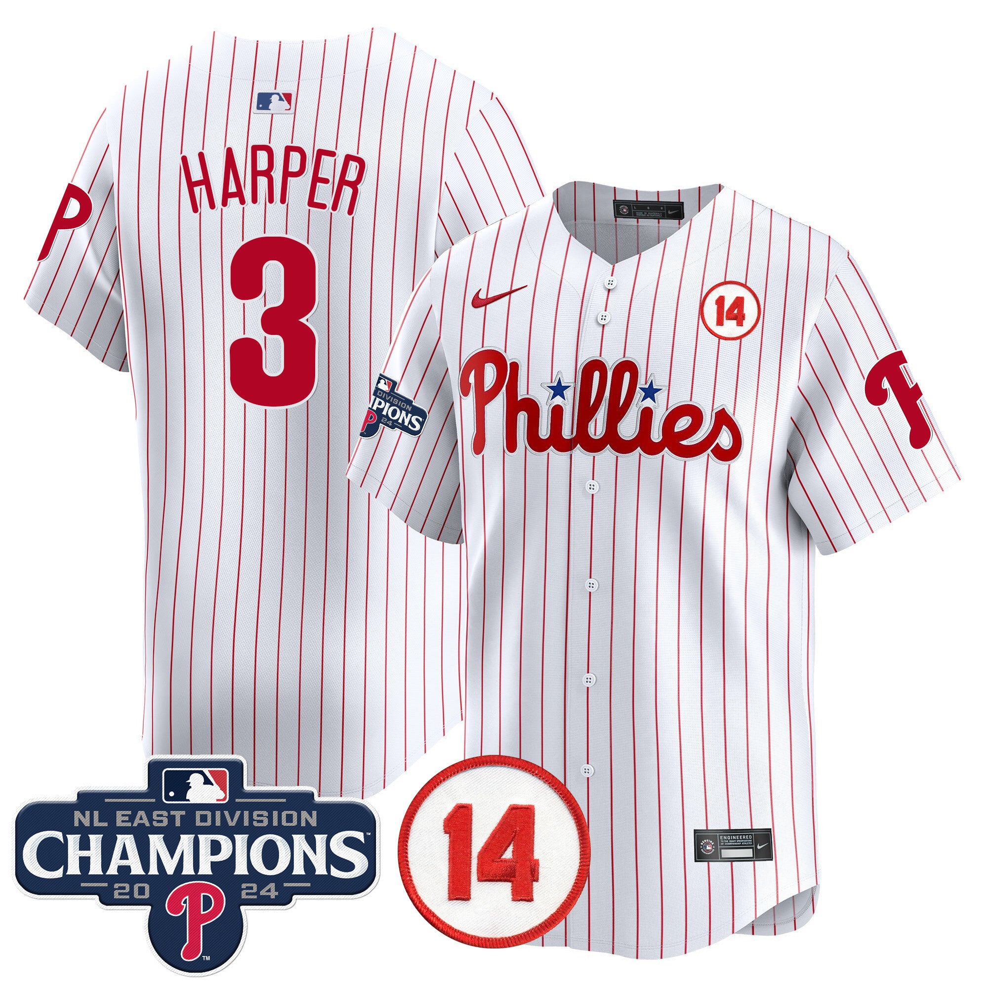 Men's Phillies 2024 NL East Division Champions & Pete Rose Patch Vapor Premier Limited Jersey - All Stitched - White, Bryce Harper