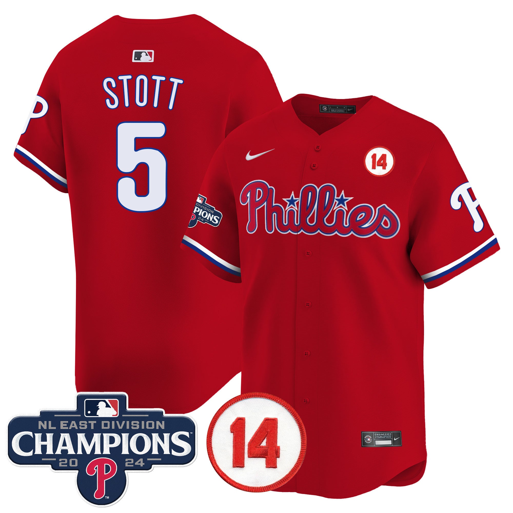 Men's Phillies 2024 NL East Division Champions & Pete Rose Patch Vapor Premier Limited Jersey - All Stitched - Red, Bryson Stott