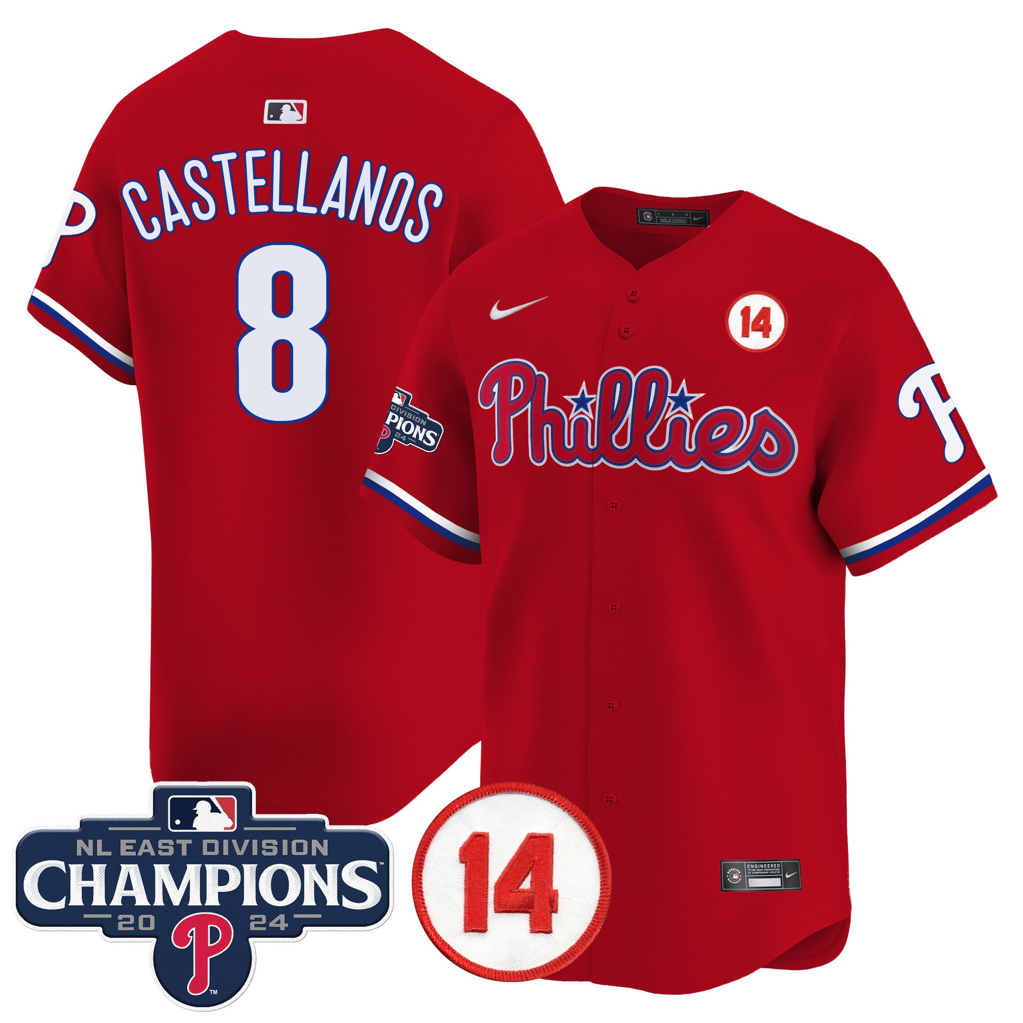 Men's Phillies 2024 NL East Division Champions & Pete Rose Patch Vapor Premier Limited Jersey - All Stitched - Red, Nick Castellanos