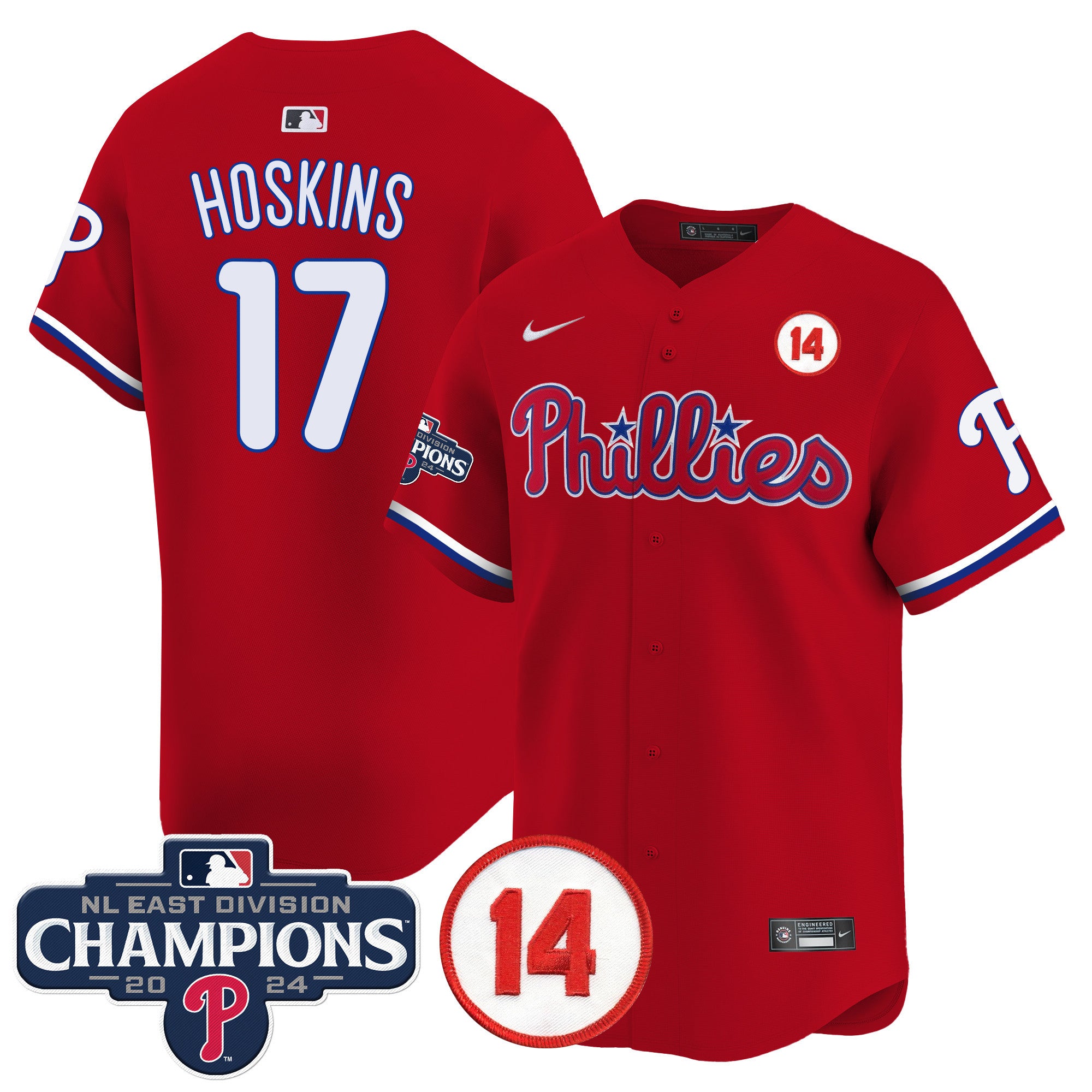 Men's Phillies 2024 NL East Division Champions & Pete Rose Patch Vapor Premier Limited Jersey - All Stitched - Red, Rhys Hoskins