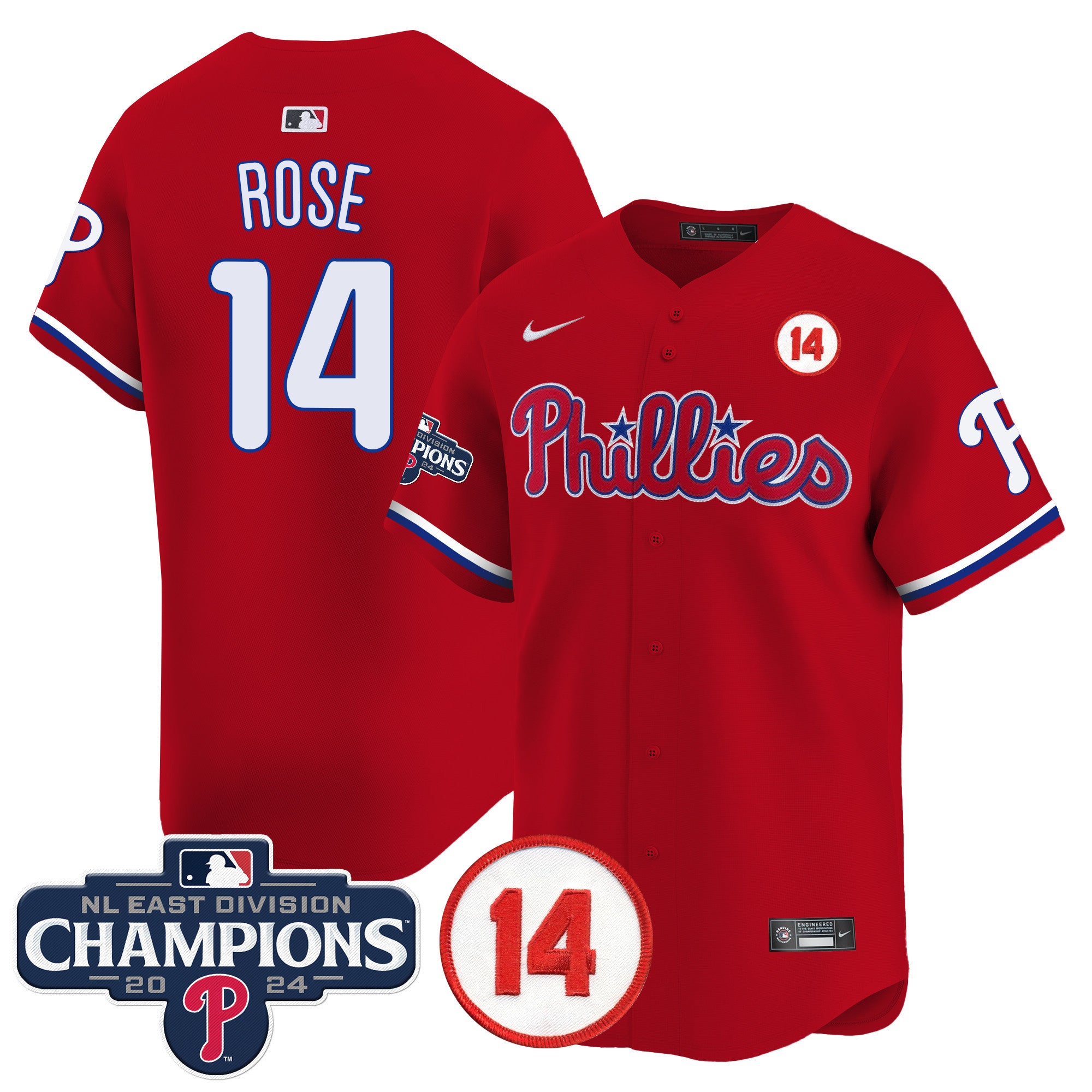 Men's Phillies 2024 NL East Division Champions & Pete Rose Patch Vapor Premier Limited Jersey - All Stitched - Red, Pete Rose
