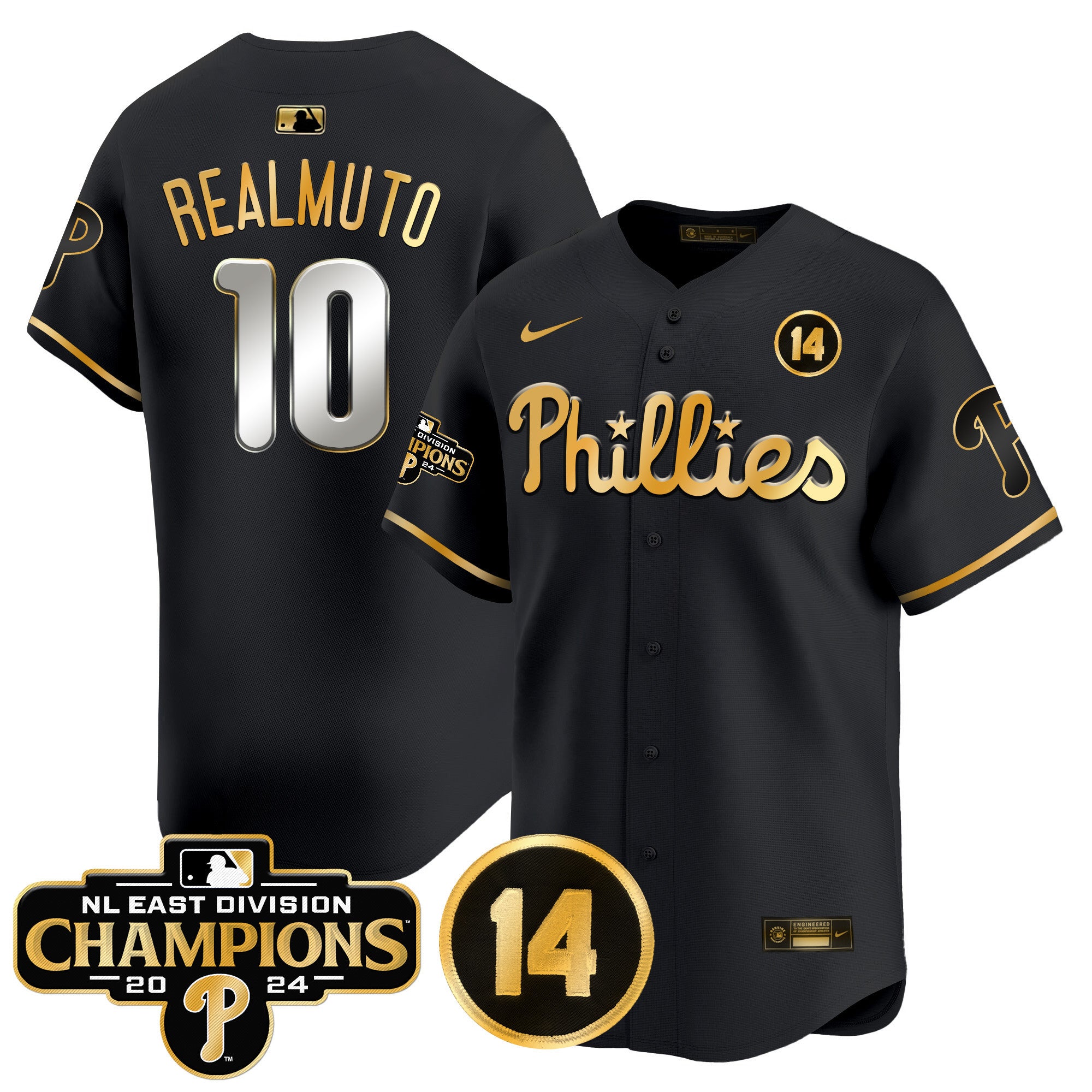 Men's Phillies 2024 NL East Division Champions & Pete Rose Patch Vapor Premier Limited Jersey - All Stitched - Black Gold, J.T.Realmuto