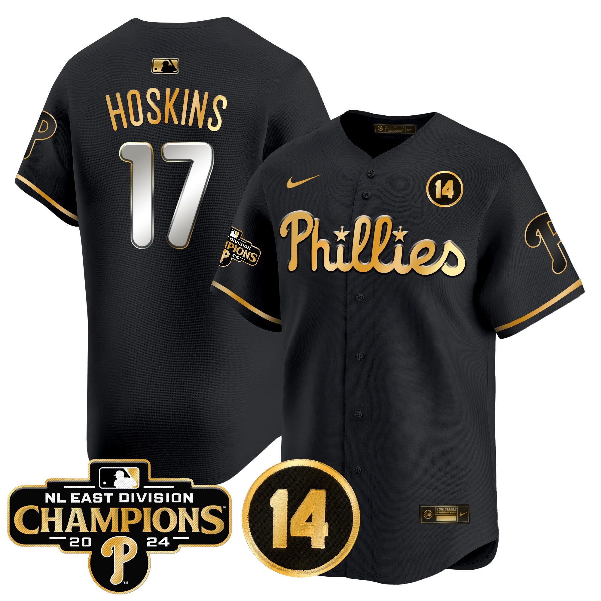 Men's Phillies 2024 NL East Division Champions & Pete Rose Patch Vapor Premier Limited Jersey - All Stitched - Black Gold, Rhys Hoskins