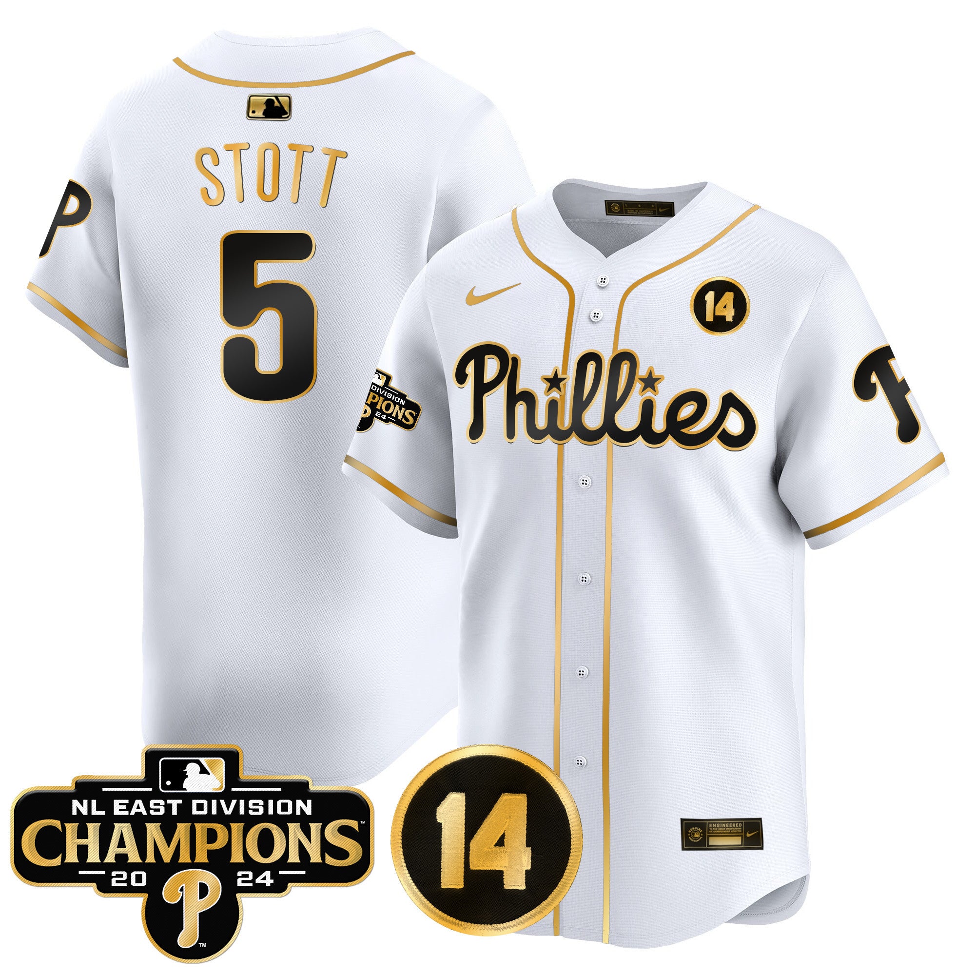 Men's Phillies 2024 NL East Division Champions & Pete Rose Patch Vapor Premier Limited Jersey - All Stitched - White Gold, Bryson Stott