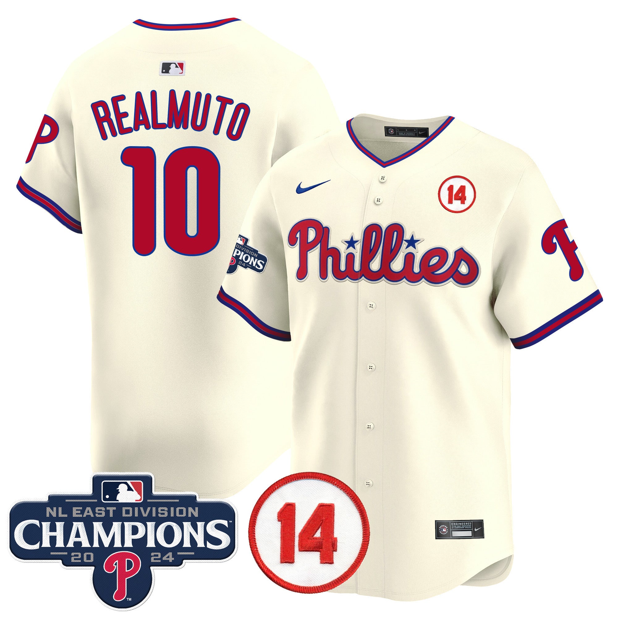 Men's Phillies 2024 NL East Division Champions & Pete Rose Patch Vapor Premier Limited Jersey - All Stitched - Cream, J.T.Realmuto