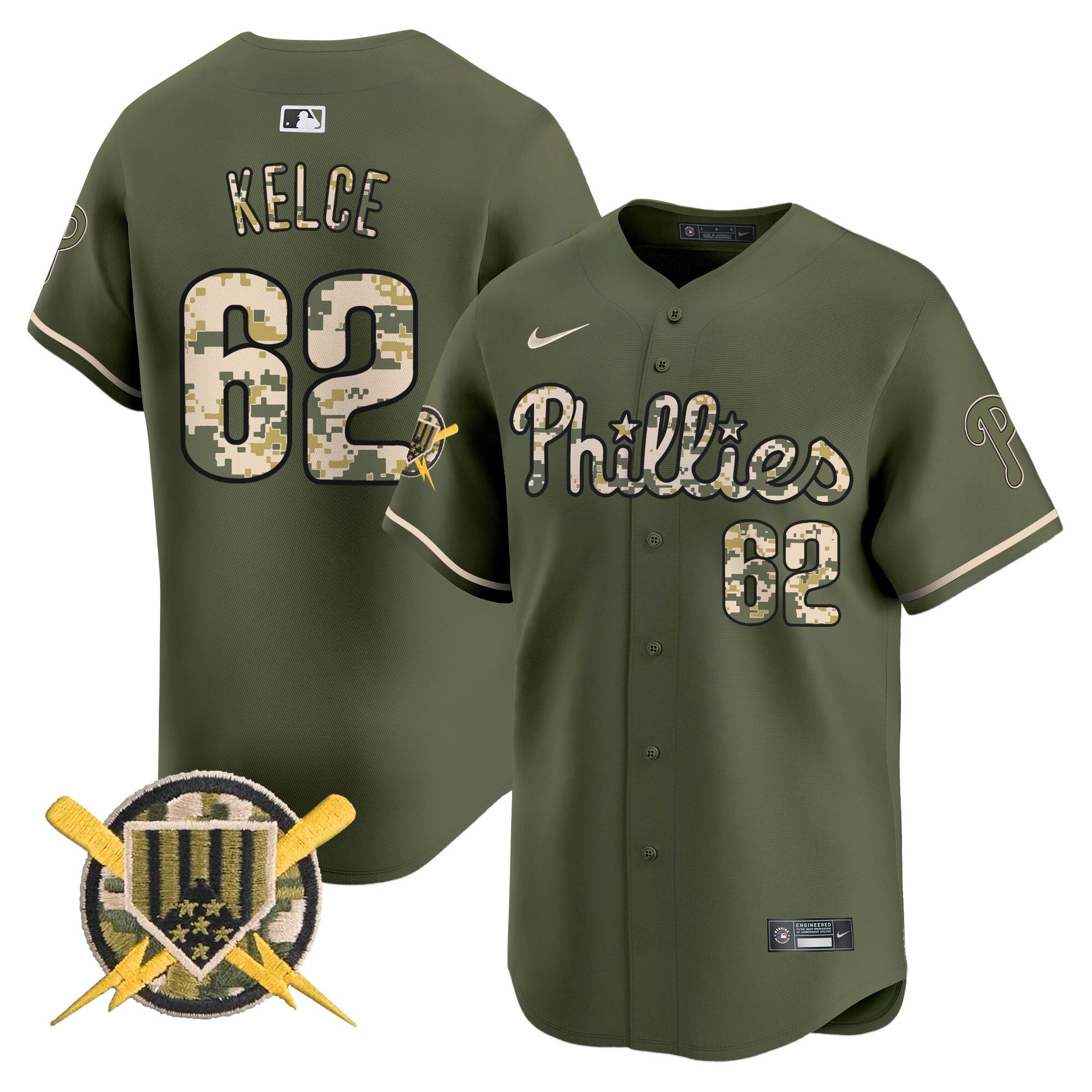 Men's Phillies Armed Forces Day Vapor Premier Limited Jersey - All Stitched - Green, Jason Kelce