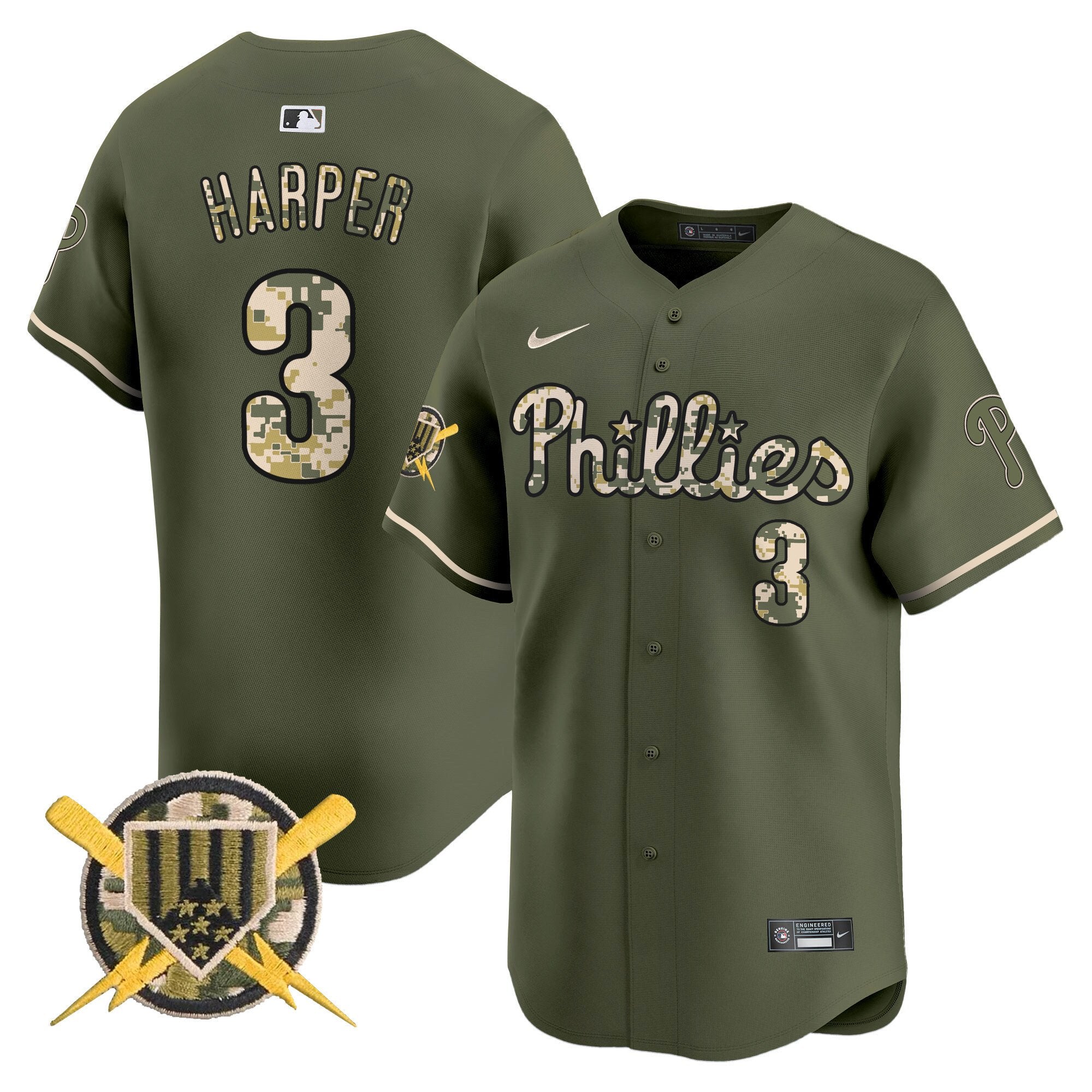 Men's Phillies Armed Forces Day Vapor Premier Limited Jersey - All Stitched - Green, Bryce Harper