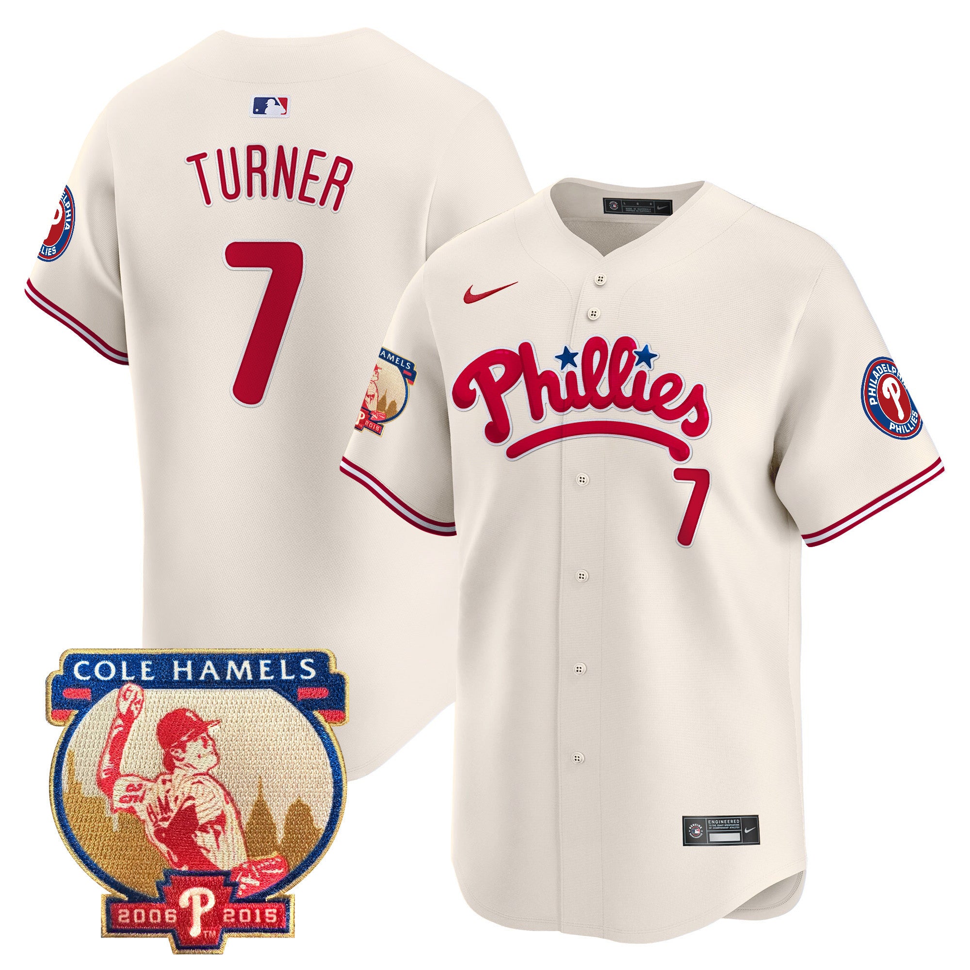 Men's Phillies Cole Hamels Patch Vapor Premier Limited Jersey - All Stitched - Cream, Trea Turner