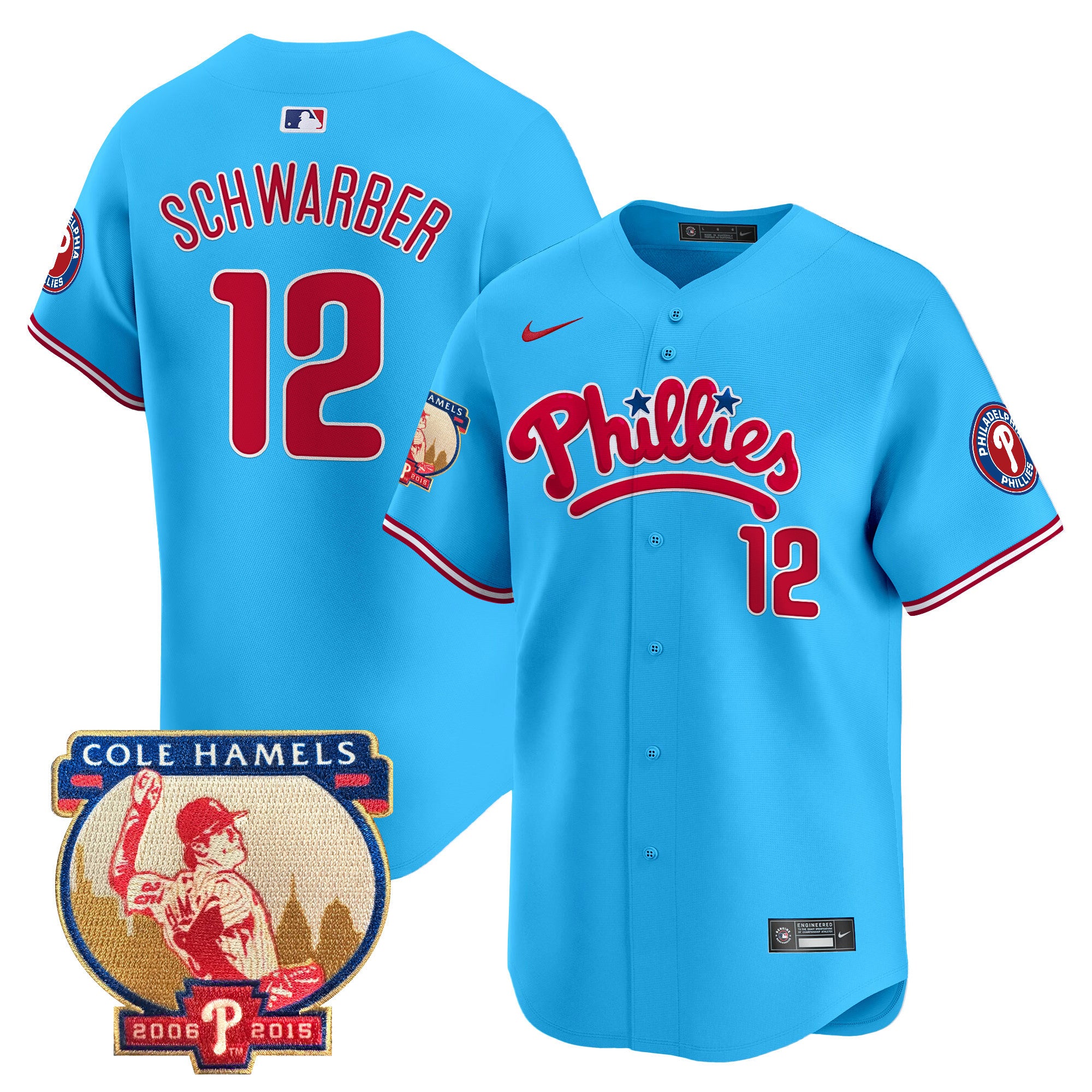 Men's Phillies Cole Hamels Patch Vapor Premier Limited Jersey - All Stitched - Light Blue, Kyle Schwarber