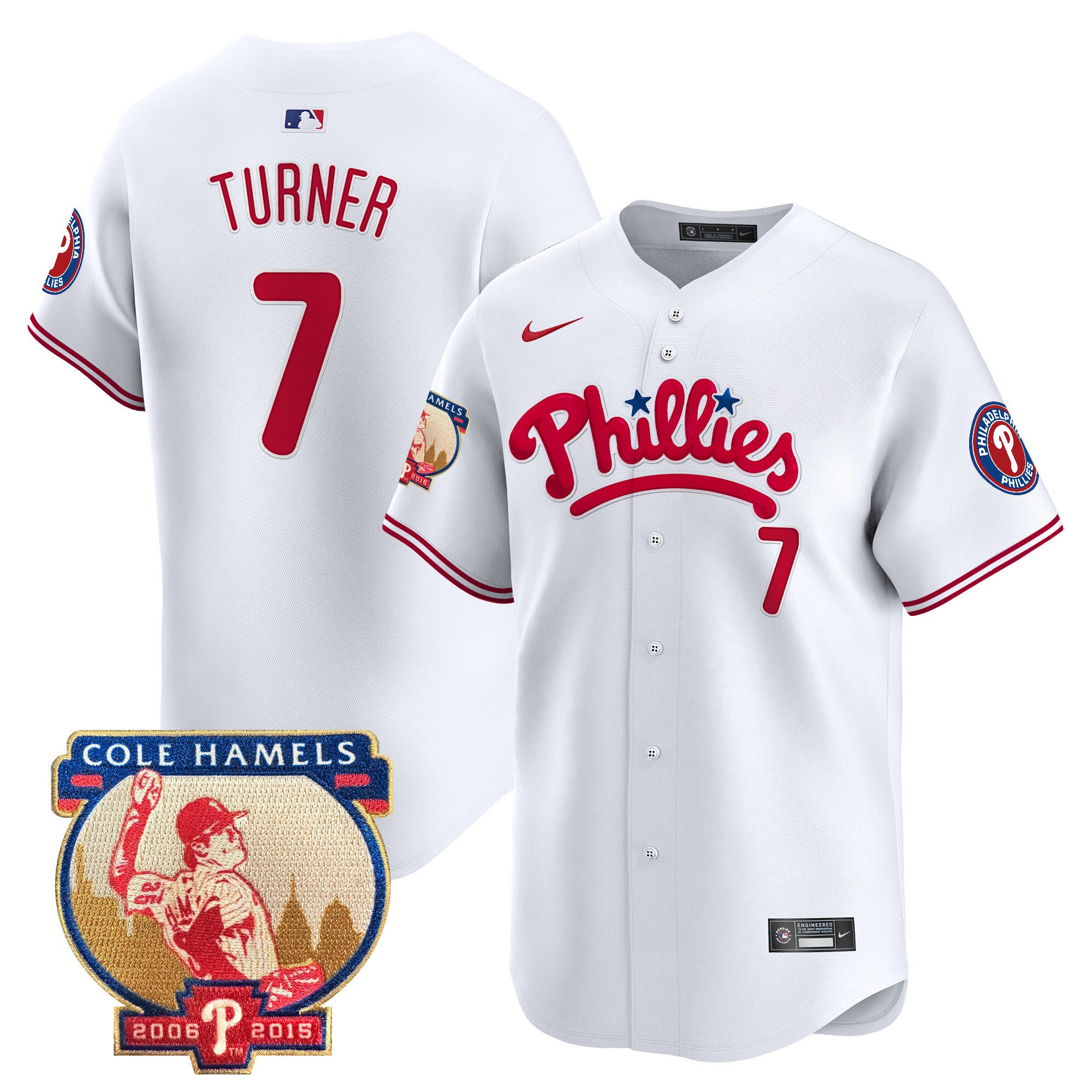 Men's Phillies Cole Hamels Patch Vapor Premier Limited Jersey - All Stitched - White, Trea Turner