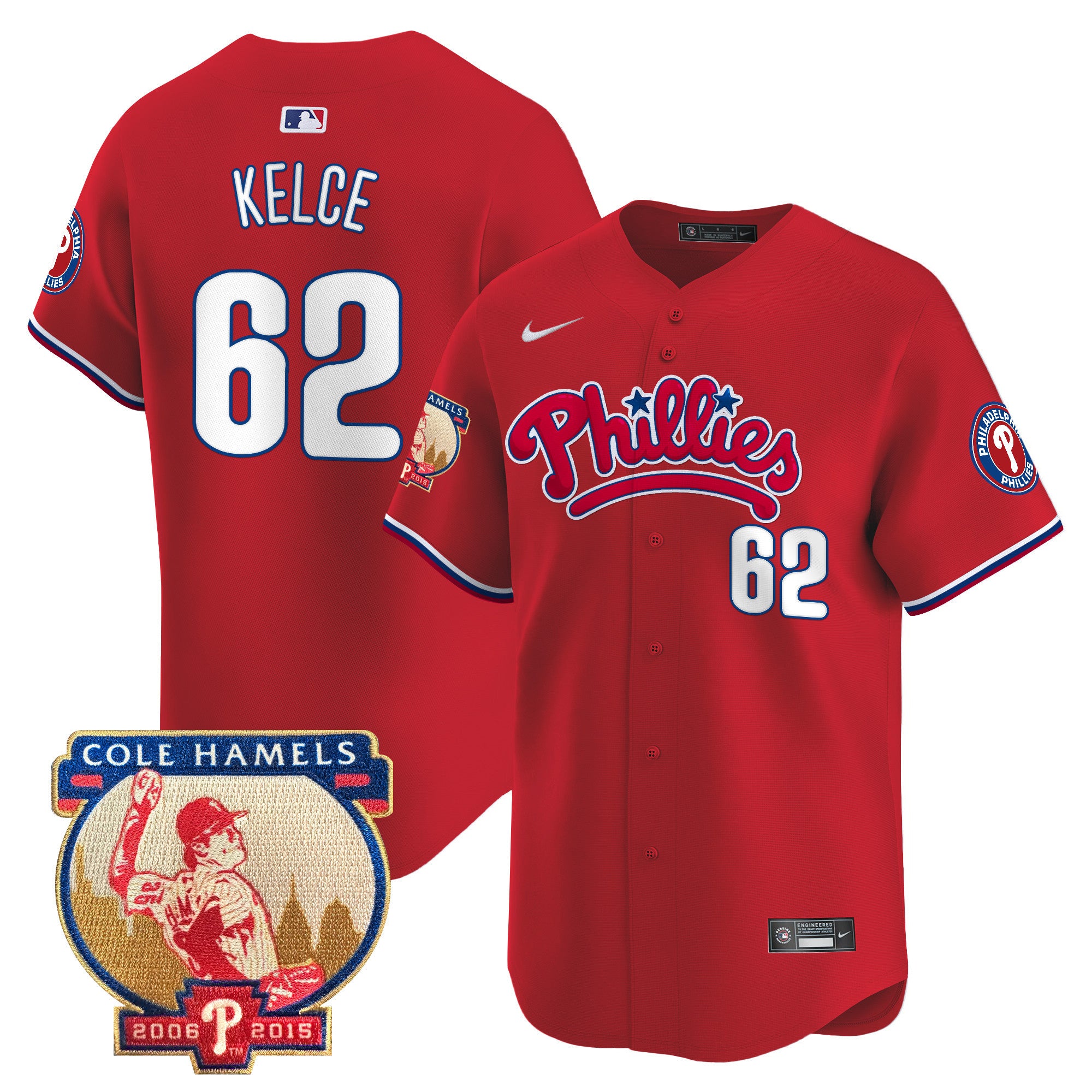 Men's Phillies Cole Hamels Patch Vapor Premier Limited Jersey - All Stitched - Red, Jason Kelce